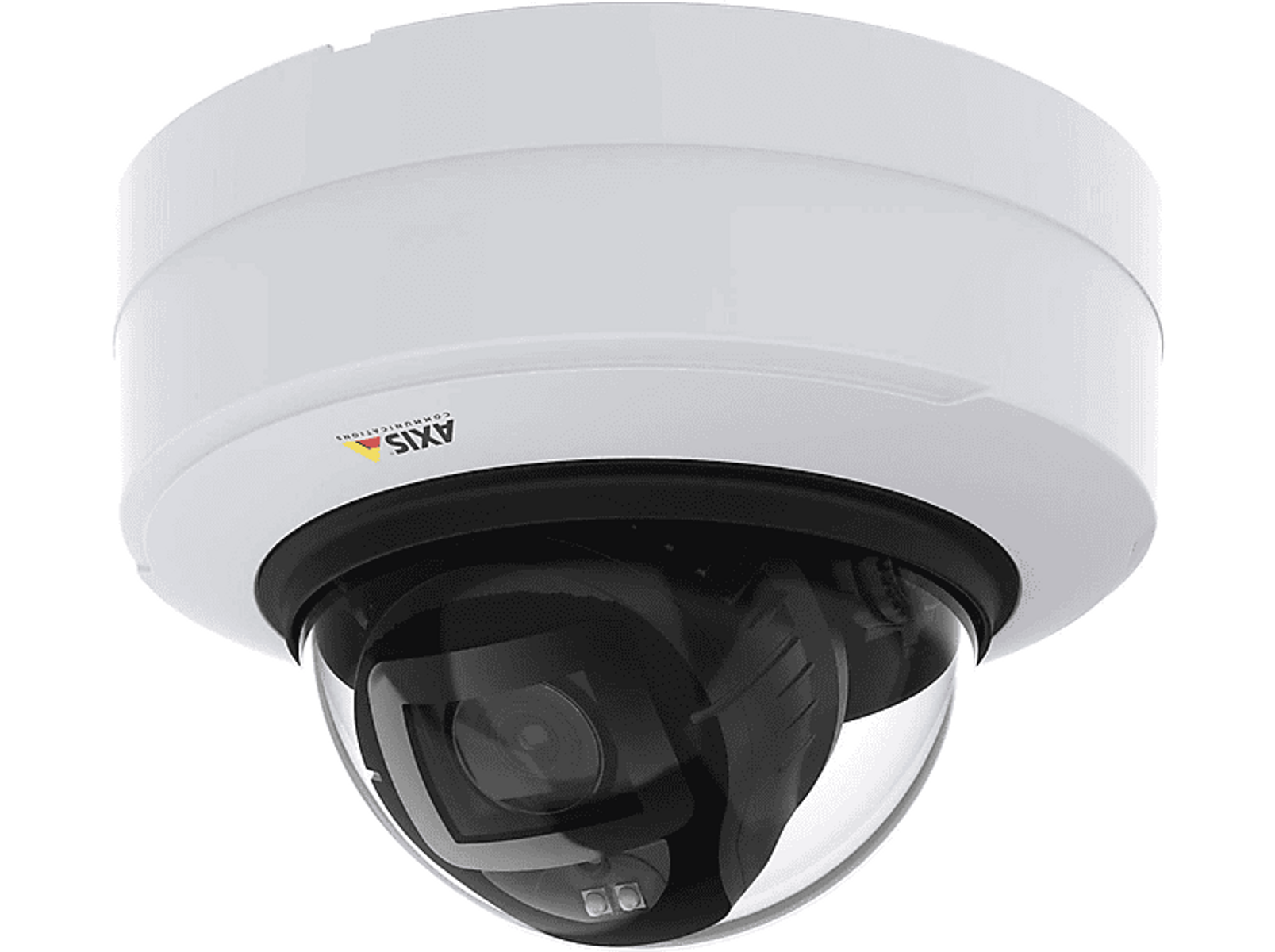 Biała kamera bezpieczeństwa z czarnym obiektywem. W kształcie kopuły, z okrągłą podstawą. Białe tło.
