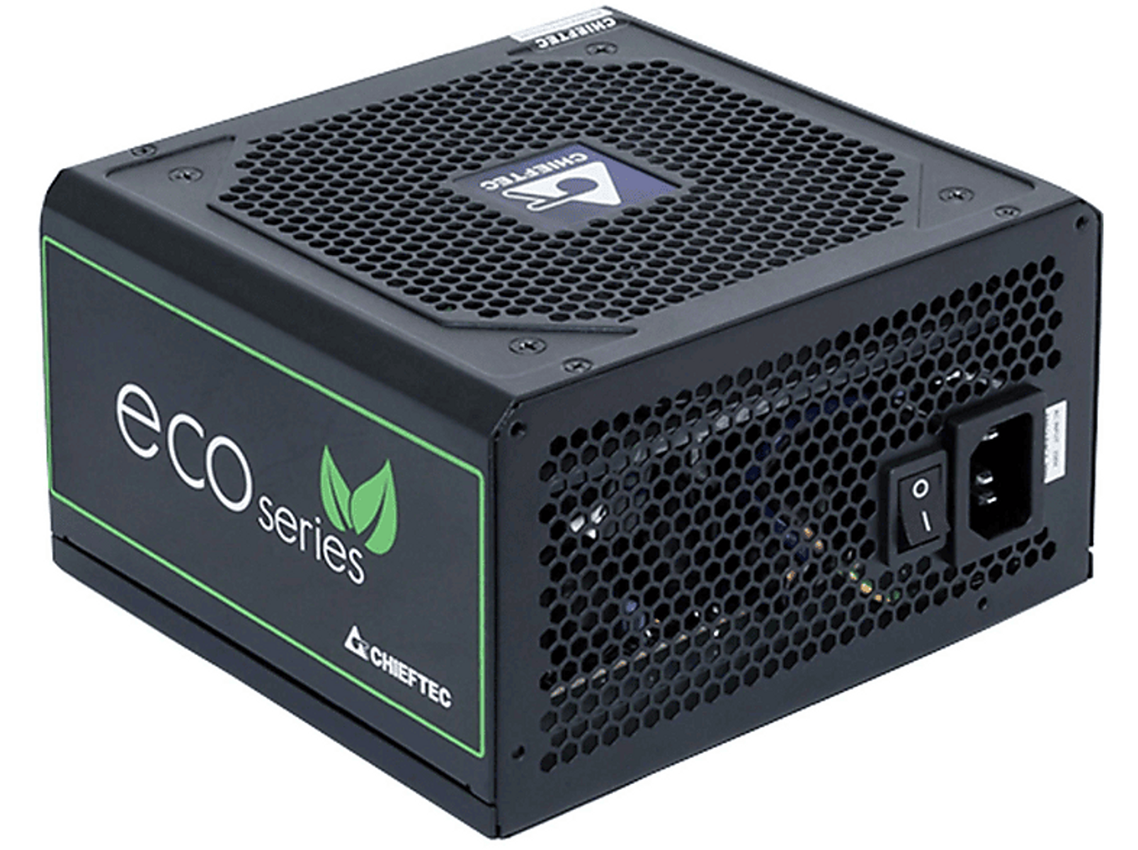 Bloc d'alimentation noir avec ventilateur et texte indiquant la série eco.