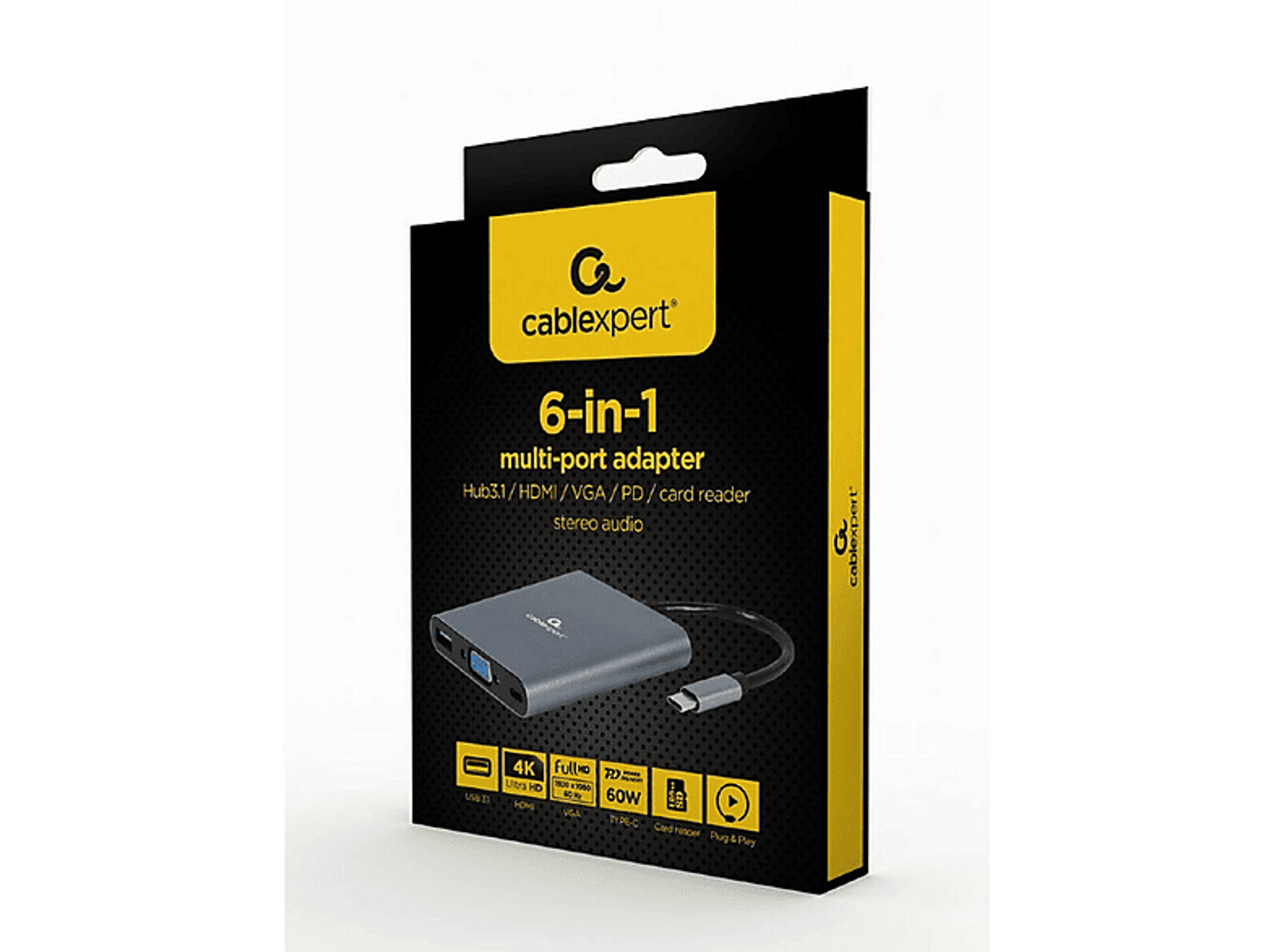 Cablexpert 6-in-1 Multiport-Adapterbox, grauer Adapter innen. Weißer Hintergrund.