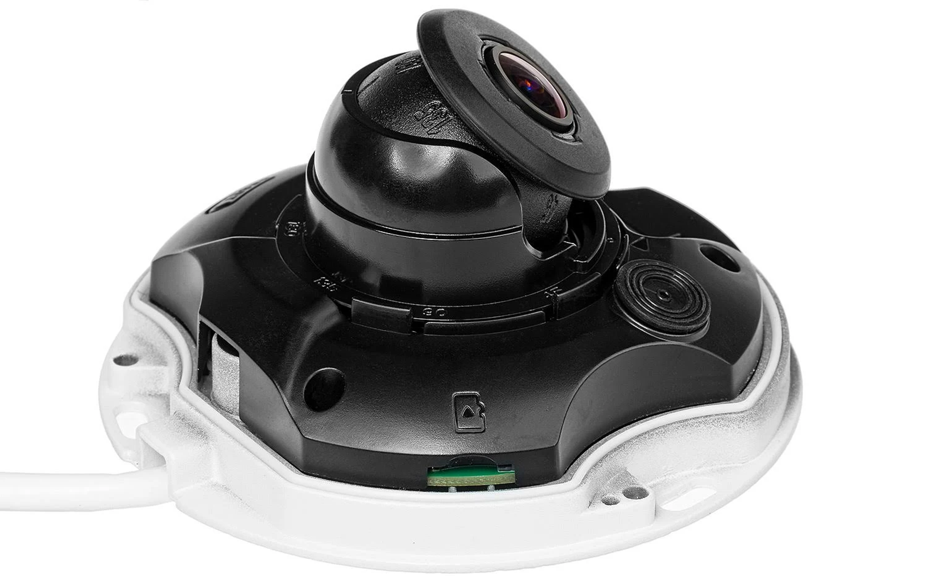 Czarna kamera bezpieczeństwa z kopułowym wierzchołkiem, pokazująca obiektyw i elementy wewnętrzne.