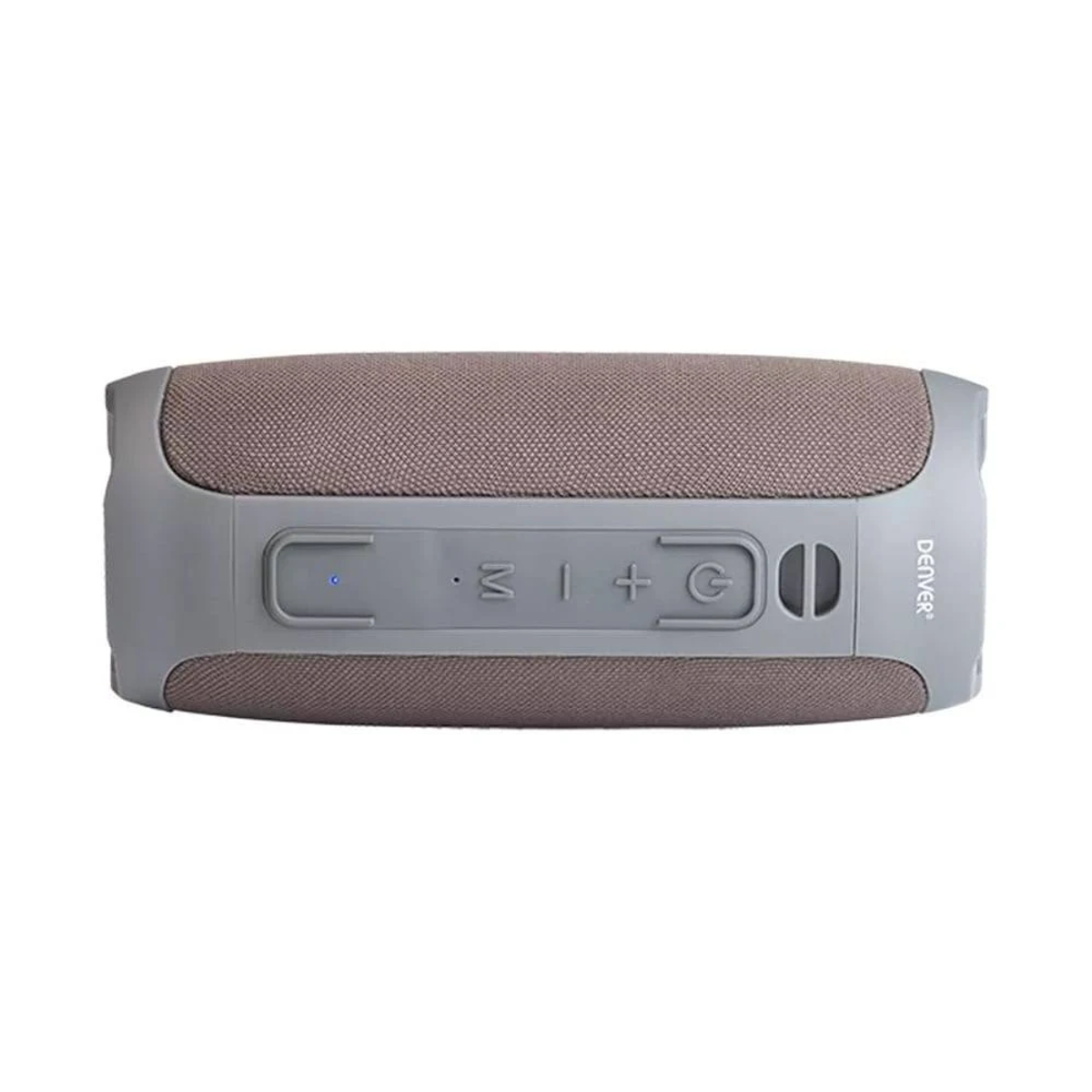 Szary głośnik z brązowym przodem z siatki i przyciskami sterowania.