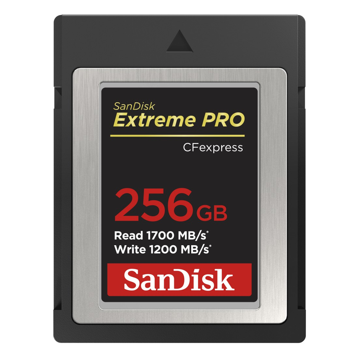 Scheda Sandisk Extreme Pro CFexpress, con dettagli di 256 GB e velocità di lettura/scrittura.