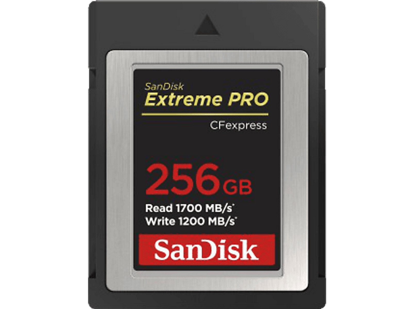 Una scheda SanDisk Extreme PRO CFexpress con informazioni di capacità di 256 GB.