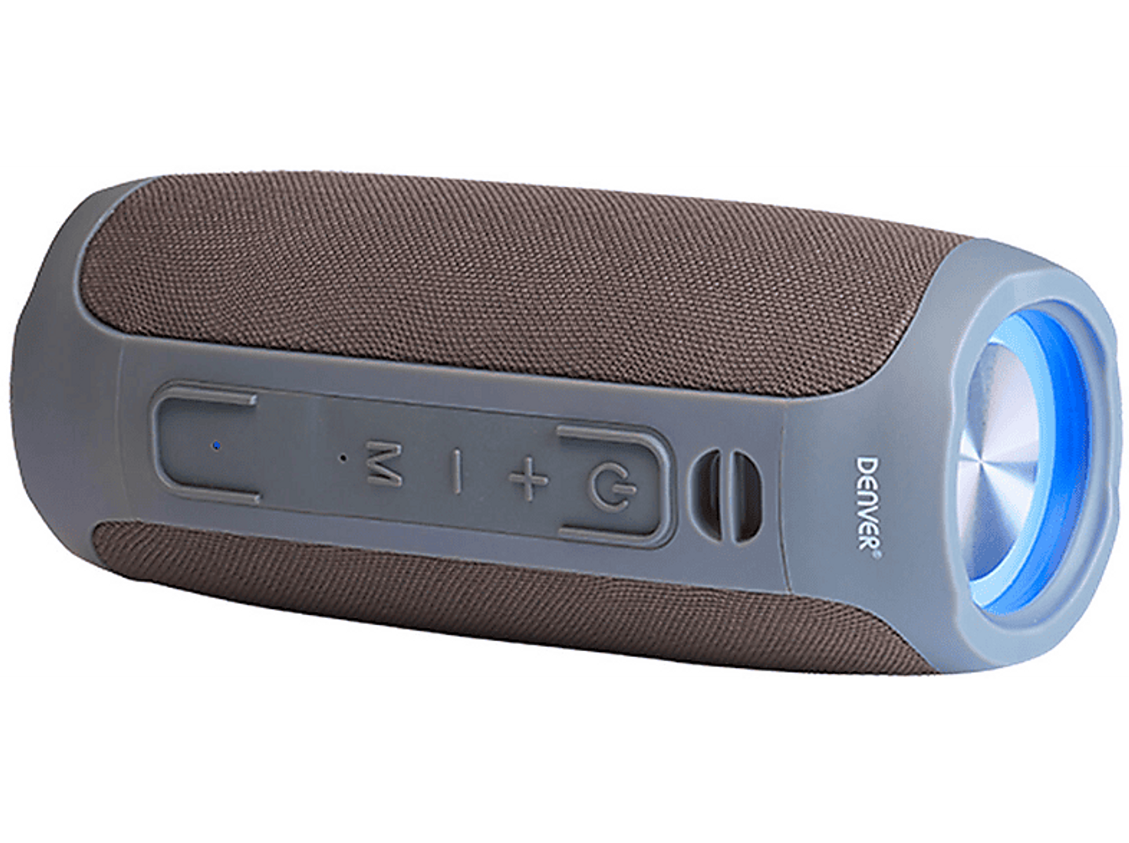 Szary i czarny głośnik przenośny z regulacją głośności i niebieskim światłem z boku.