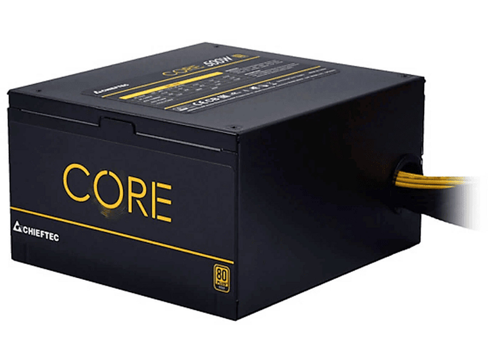 Alimentatore nero con testo giallo 'CORE 500W'. Logo Chieftec visibile.