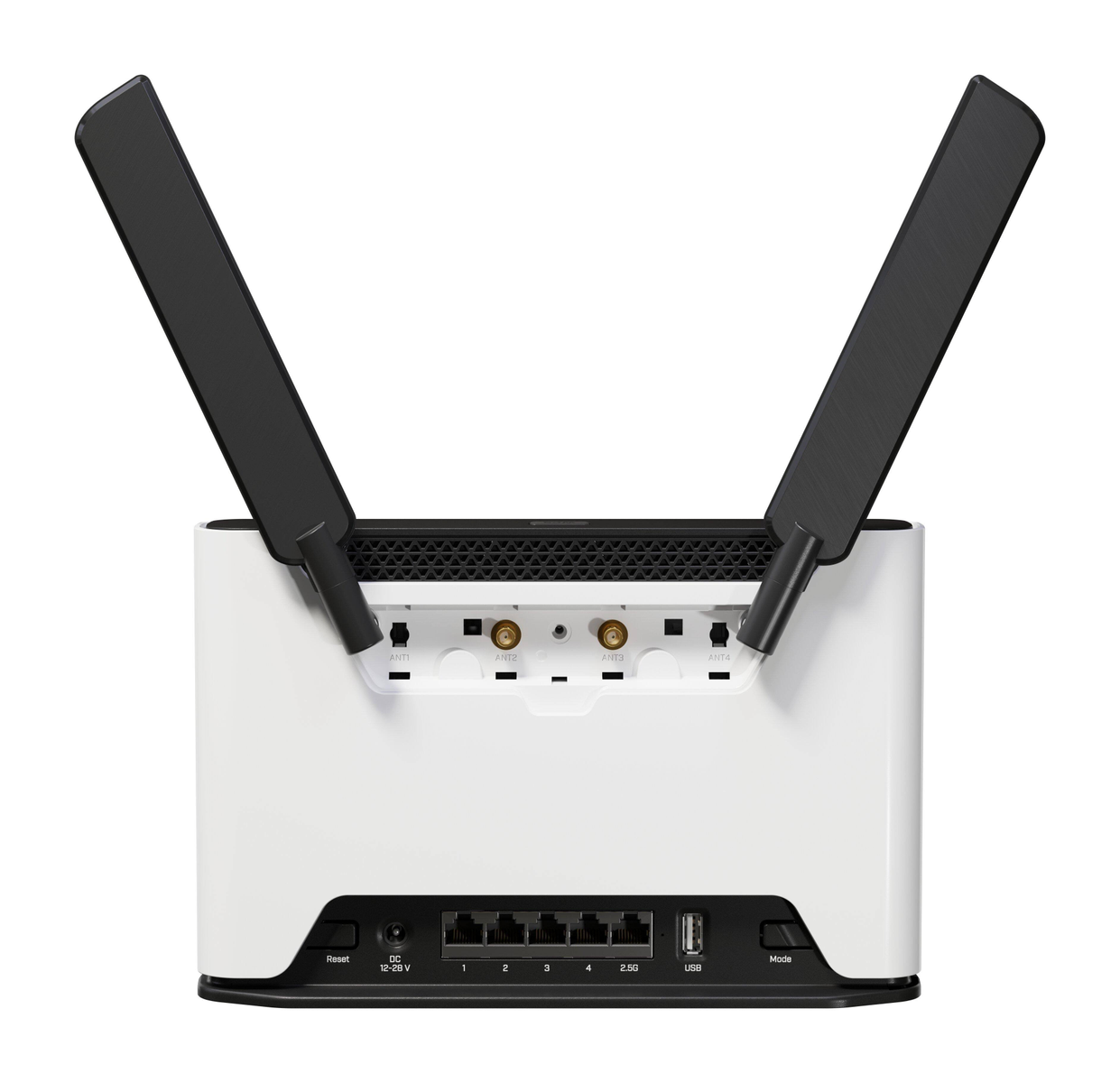 Weißer Router mit schwarzen Antennen. Es hat mehrere Anschlüsse und einen USB-Anschluss.