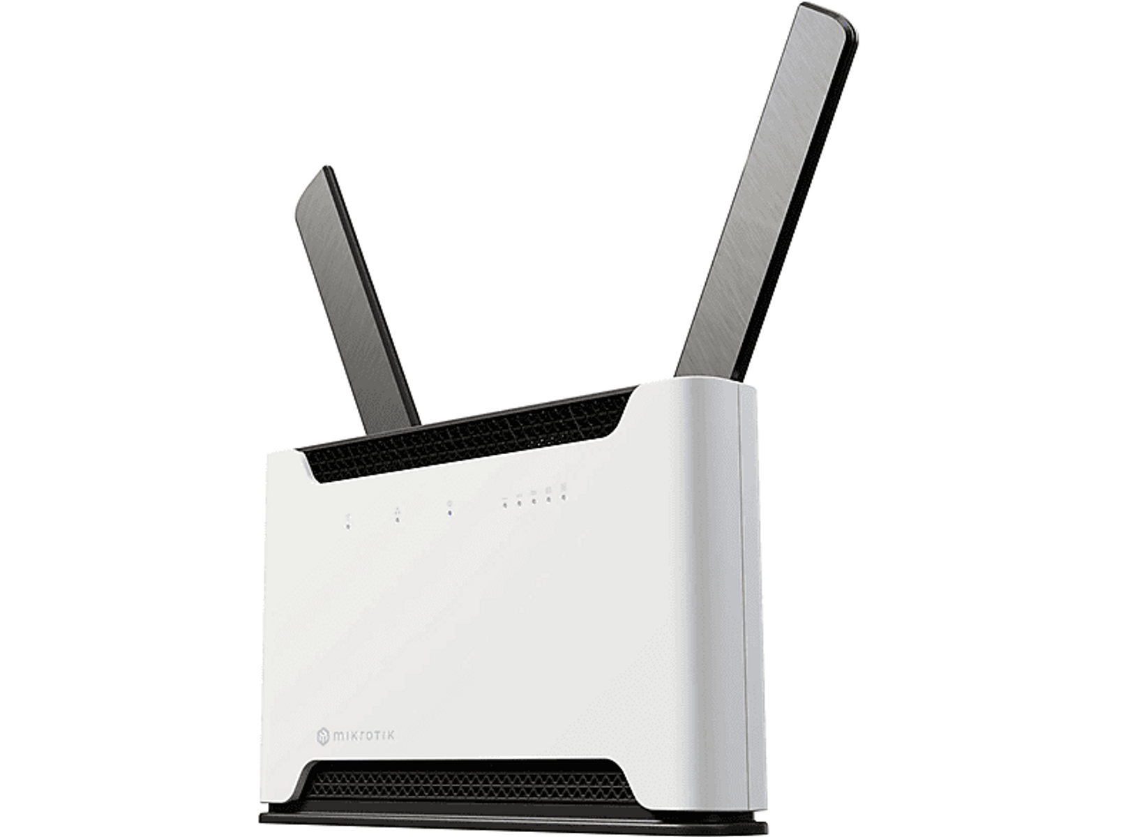 Weißer Router mit zwei Antennen und schwarzem Oberteil. Das Logo 'mikrotik' ist sichtbar.