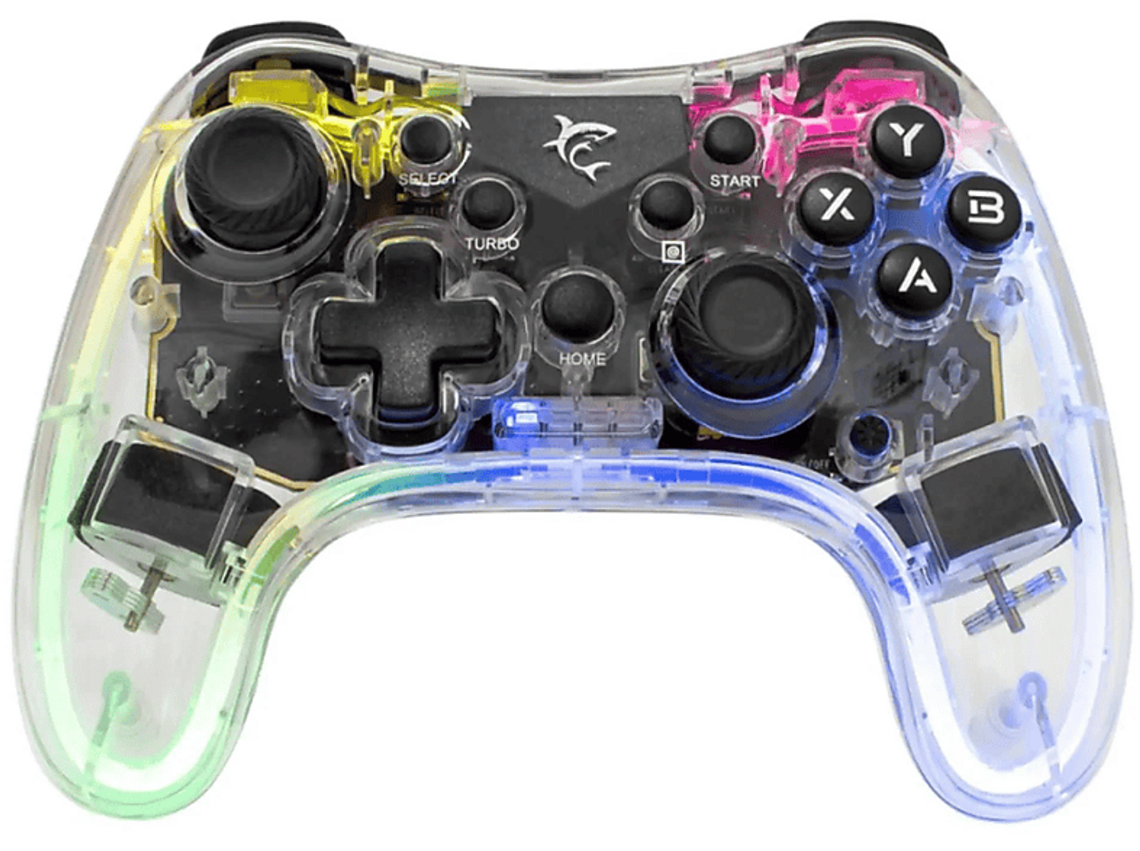 Controller di gioco trasparente con pulsanti colorati. Joystick neri e logo squalo.