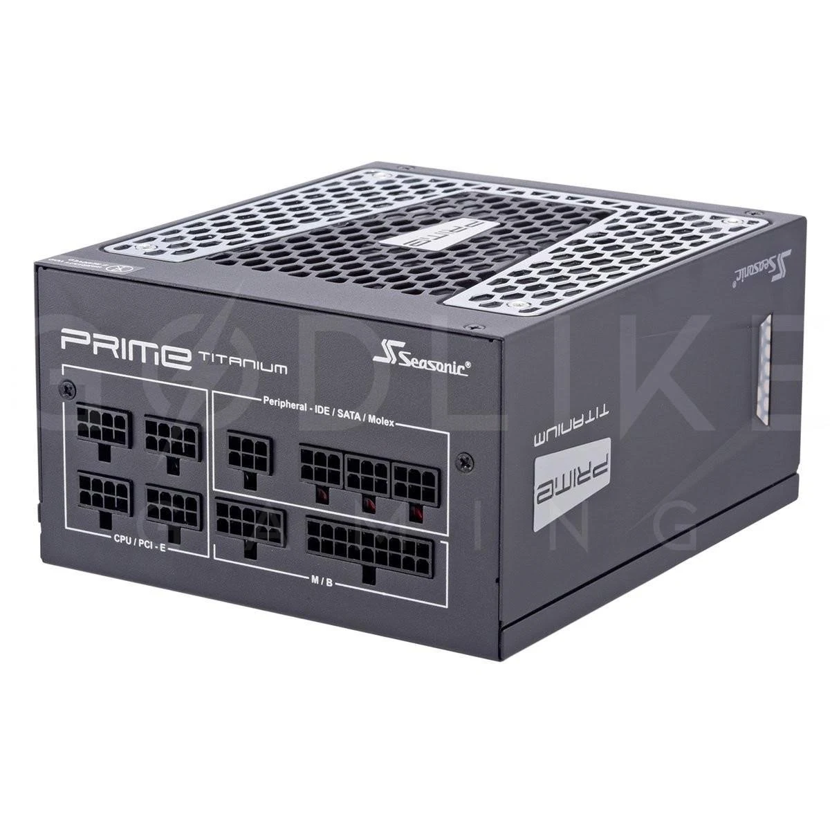 Ein schwarzes Computer-Netzteil mit mehreren Anschlüssen und Lüftungsschlitzen.
