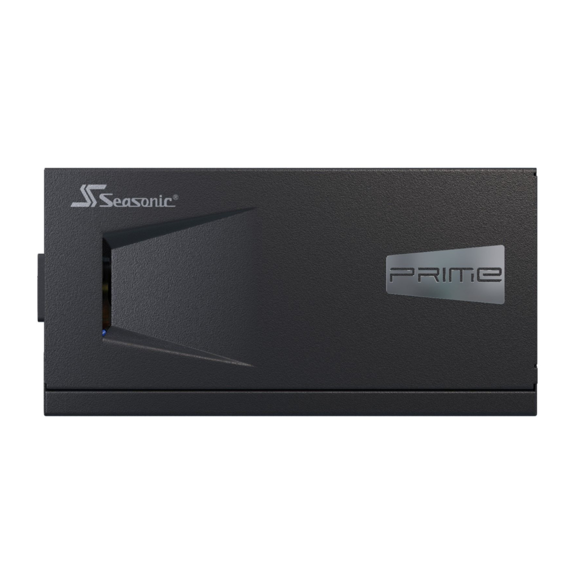 Schwarzes Computer-Netzteil. Die Vorderseite hat ein silbernes PRIME-Logo und ein Seasonic-Logo.