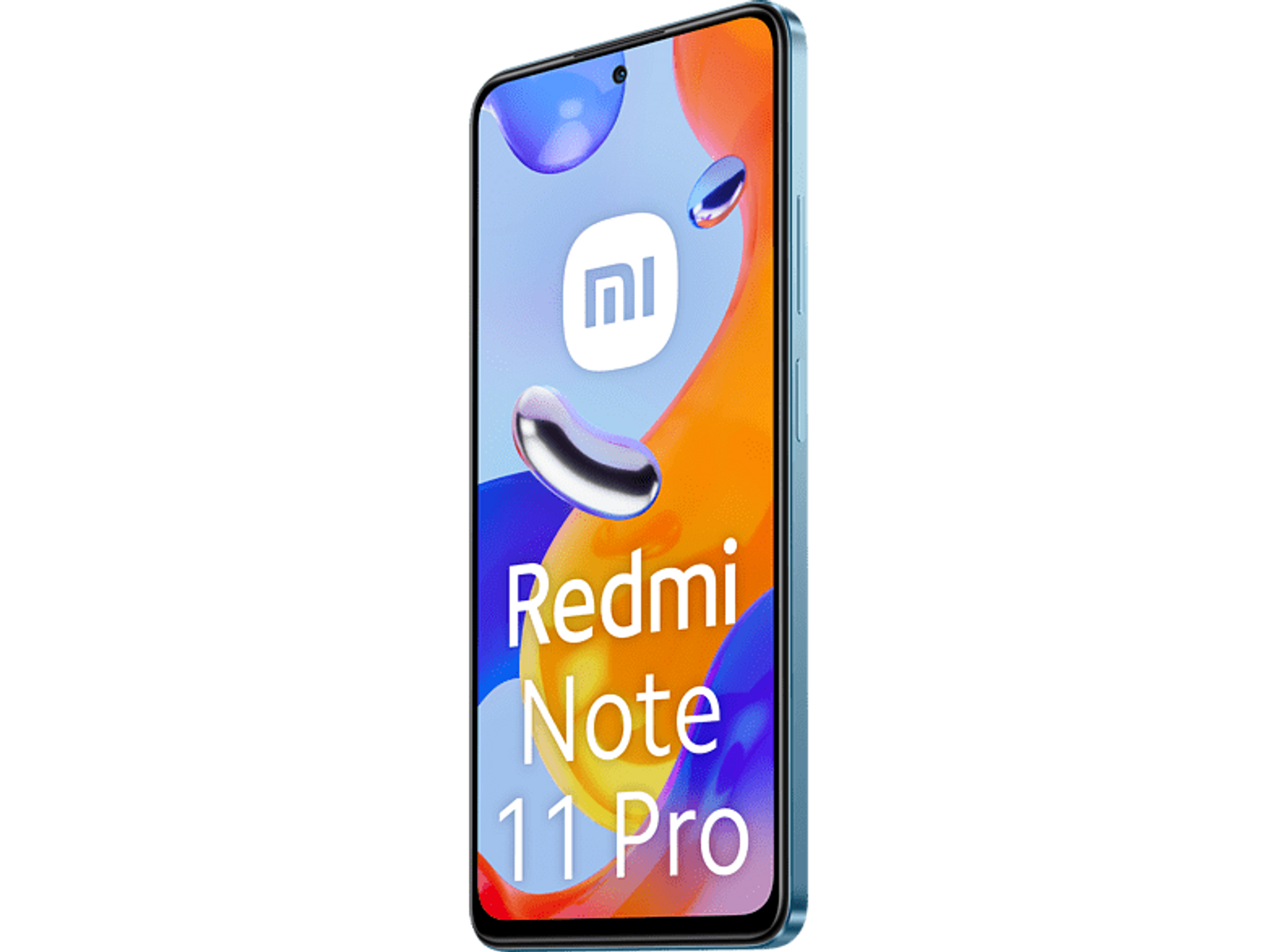Redmi Note 11 Pro Smartphone, blauer Rahmen, orange-blauer Farbverlauf auf der Rückseite mit weißem Text, schwarzer Hintergrund.