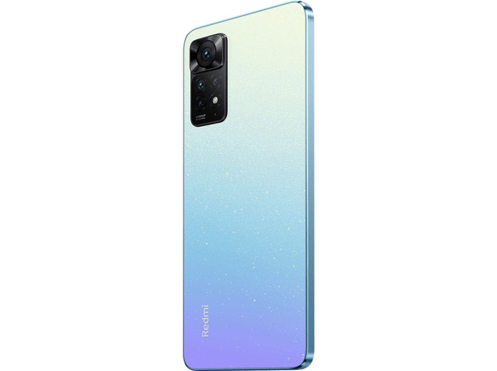 Ein blau-violettes Smartphone mit Dreifach-Kamera und dem Redmi-Logo.