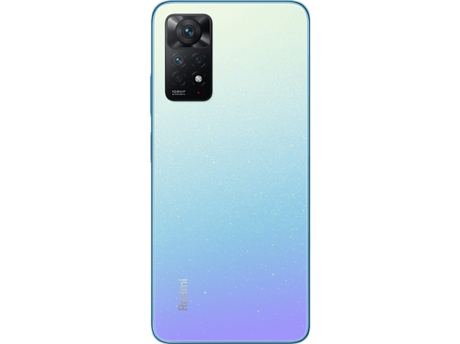 Blaues Smartphone-Back mit Farbverlauf, Kamera und Redmi-Logo.