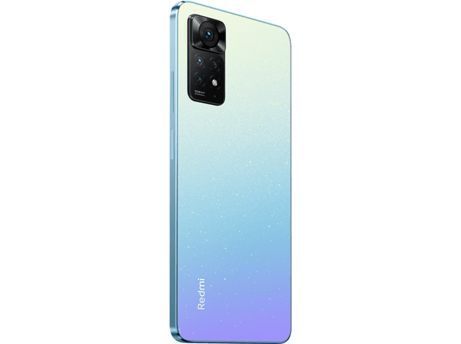 Redmi-Telefonrückseite, blau-weißer Farbverlauf, mehrere Kameras, Redmi-Logo.