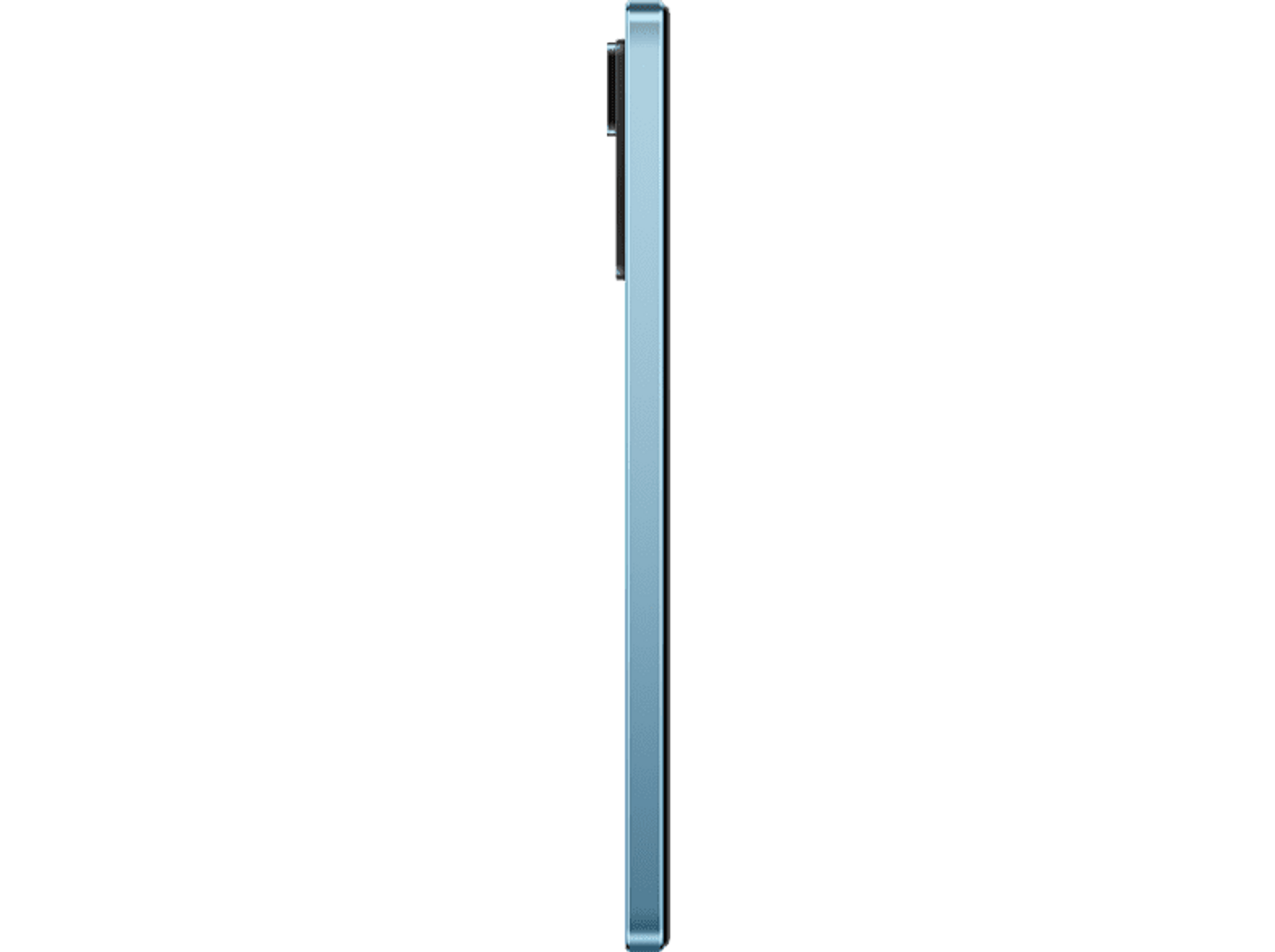 Ein Seitenprofil eines türkisfarbenen Smartphones auf schwarzem Hintergrund. Es hat ein schlankes Design und einen hellblauen Rahmen.