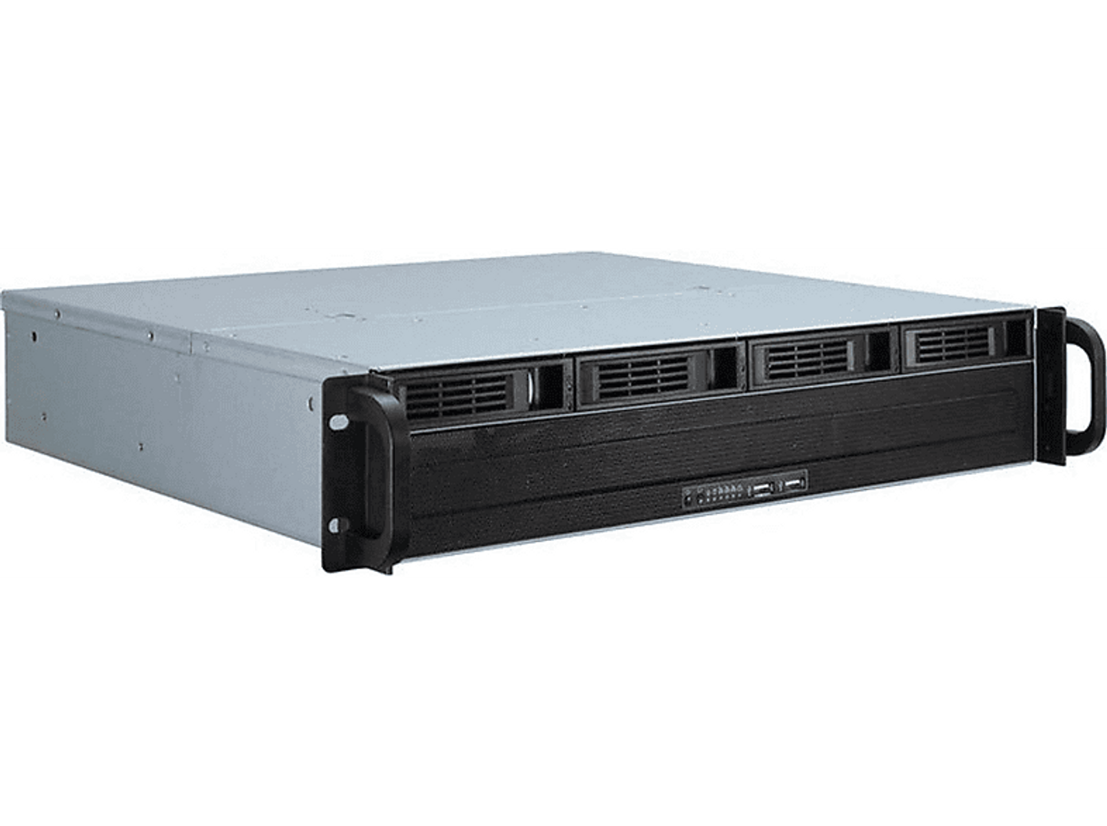 Schwarzes Serverrack mit Griffen und Belüftung. Schwarzer Hintergrund.
