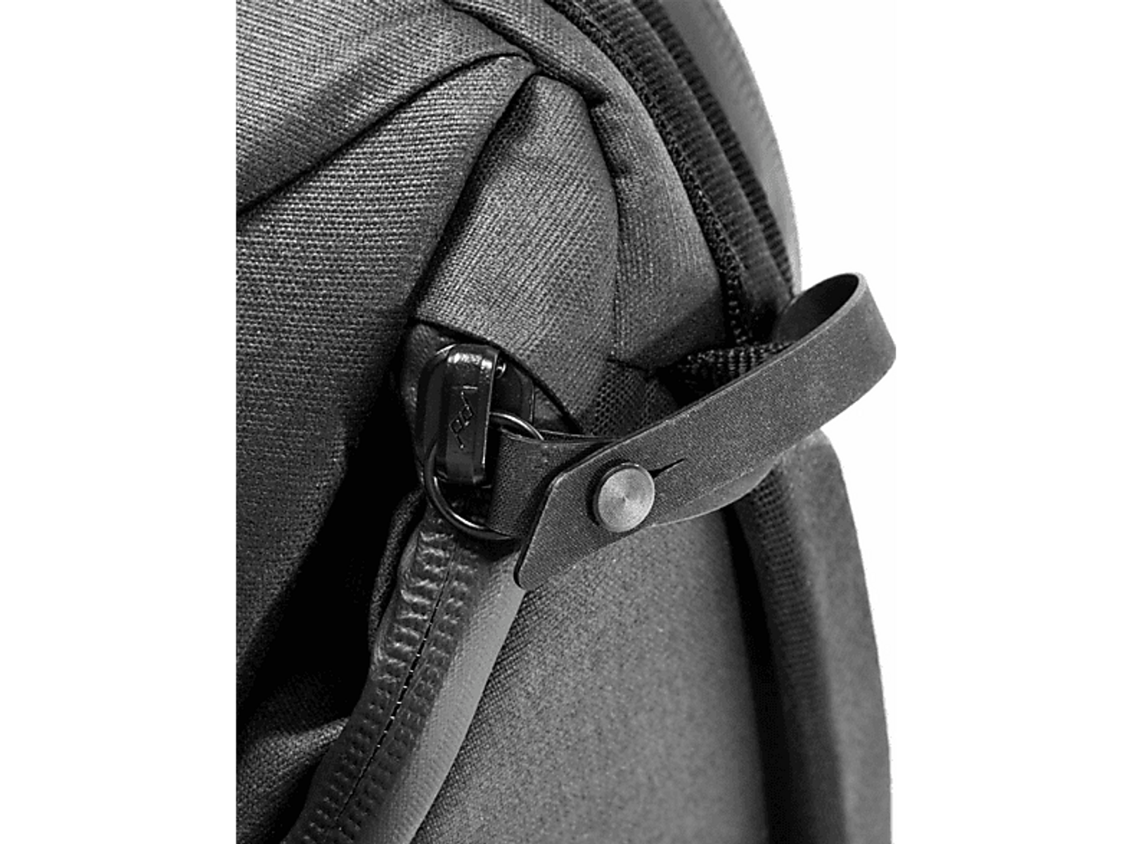 Primo piano di una cerniera nera di una borsa con un tirante in pelle e un anello di metallo.