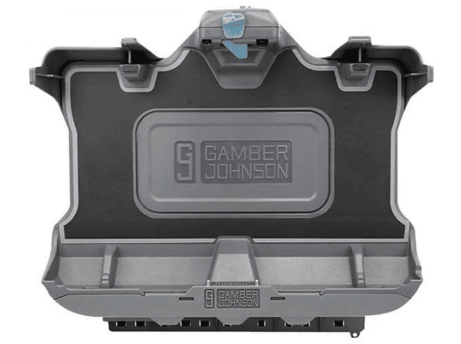 Une boîte de rangement grise. La boîte est rectangulaire et porte le logo Gamber Johnson.