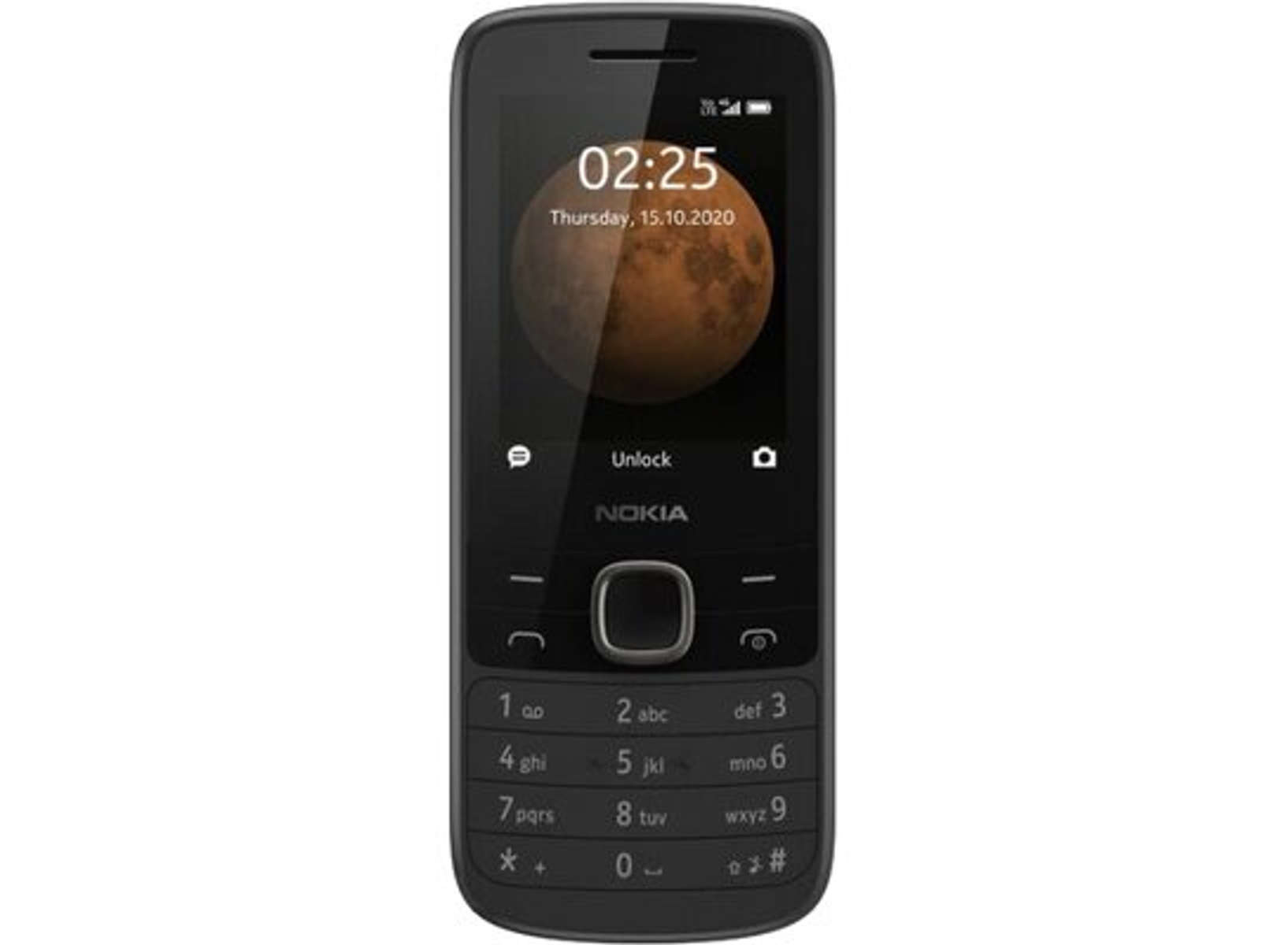 Czarny telefon komórkowy Nokia, otwarty. Ekran wyświetla czas i obraz księżyca.