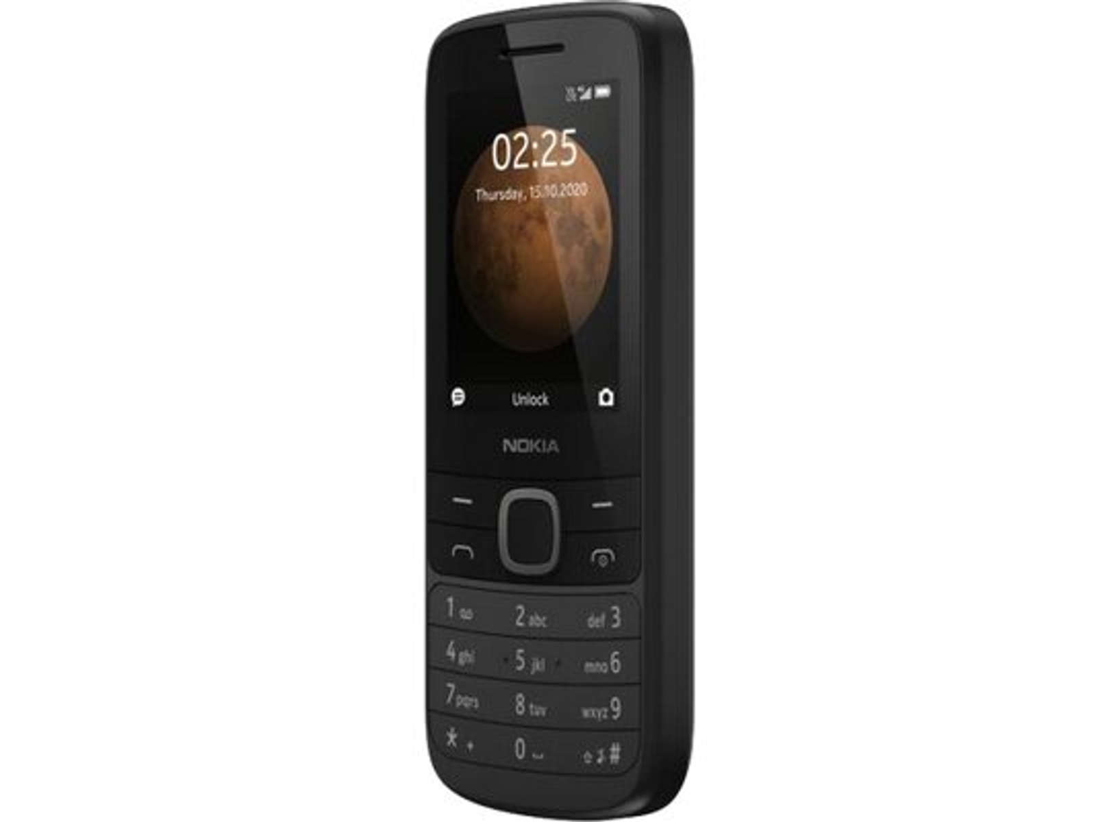 Czarny telefon komórkowy Nokia, otwarty. Ekran wyświetla czas i obraz księżyca.