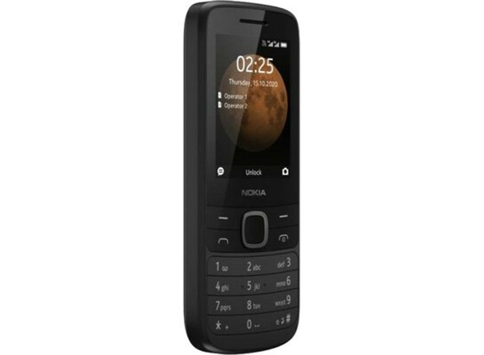 Czarny telefon komórkowy Nokia, otwarty. Ekran wyświetla czas i operatorów.