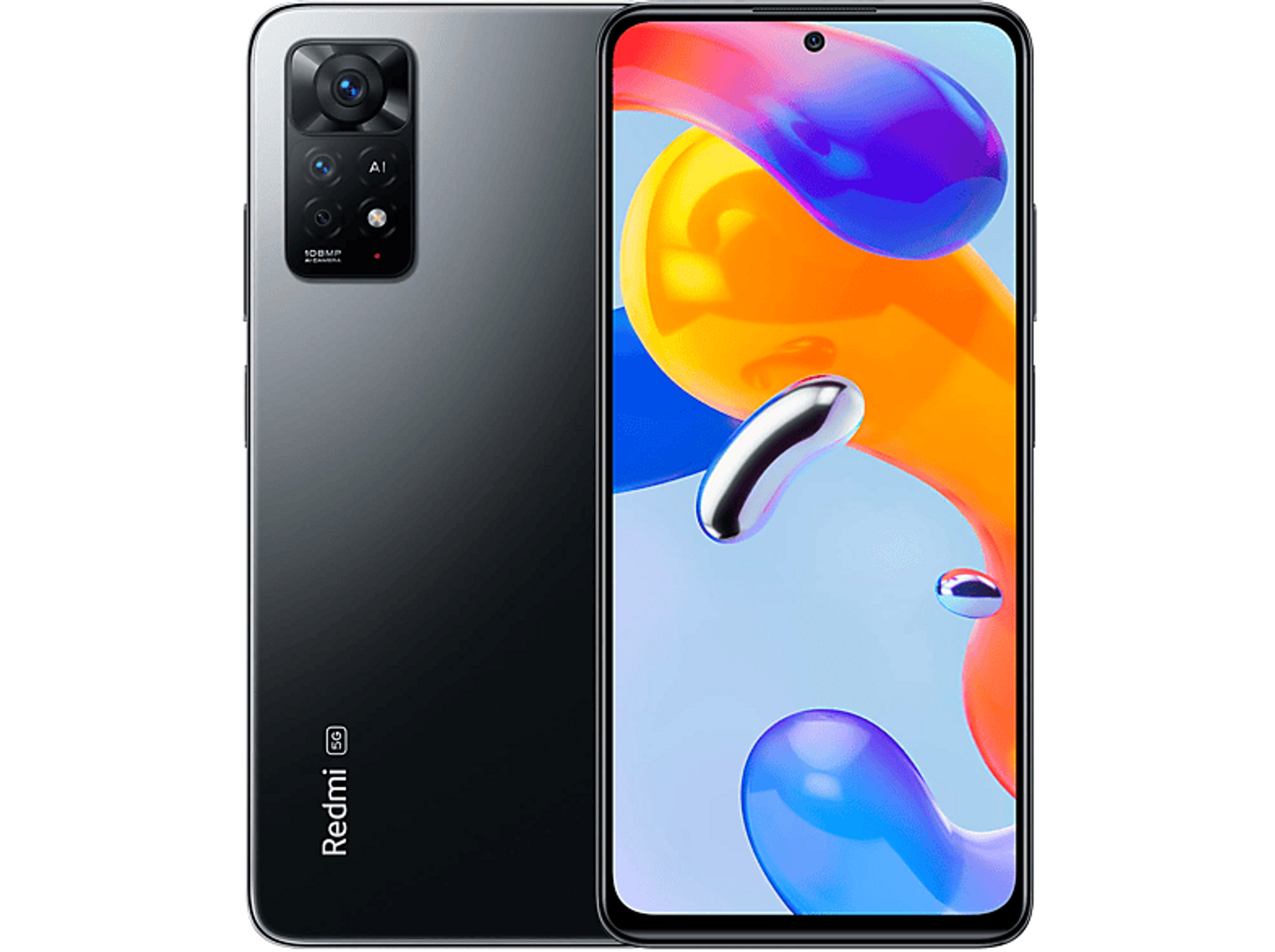Un smartphone negro y gris, en ángulo, con cámaras en la parte trasera. El teléfono tiene un logo Redmi, aislado.