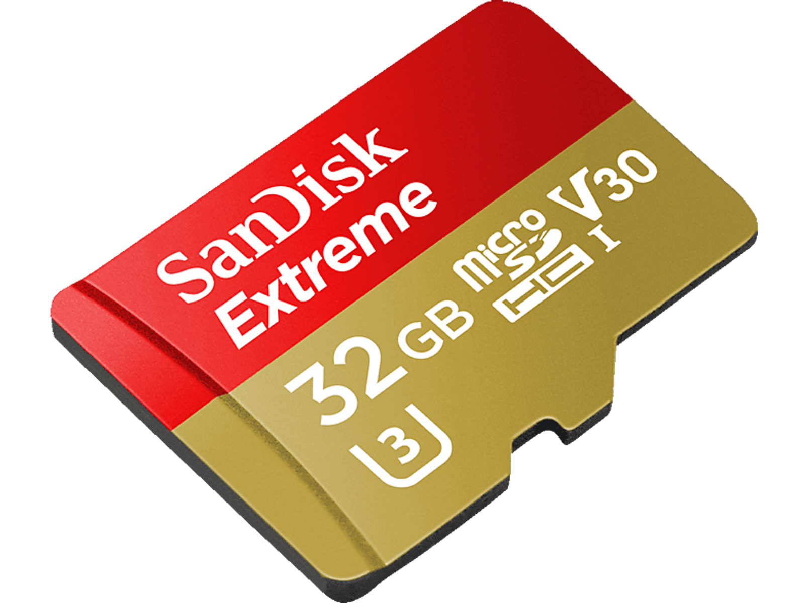Scheda MicroSD Sandisk Extreme da 32 GB con schema colori rosso e oro.