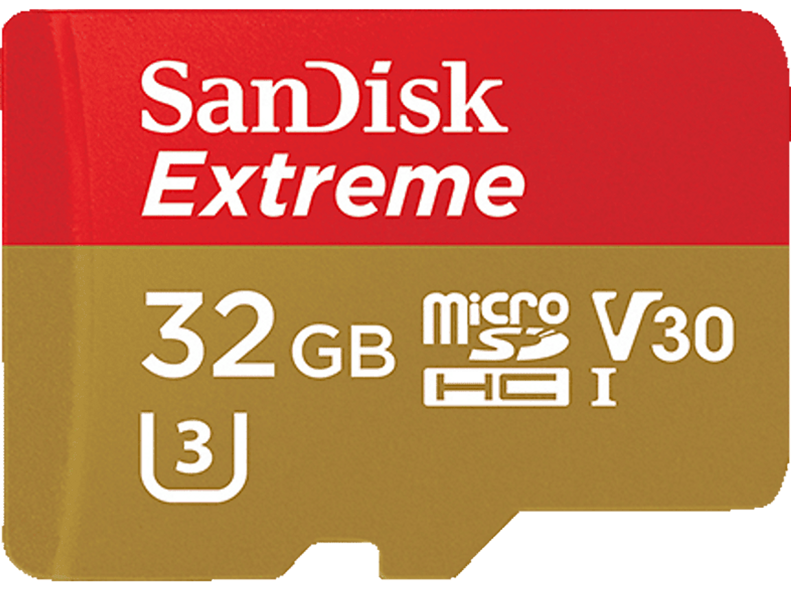 Scheda microSD SanDisk Extreme rossa e oro, con indicazioni 32GB e V30.