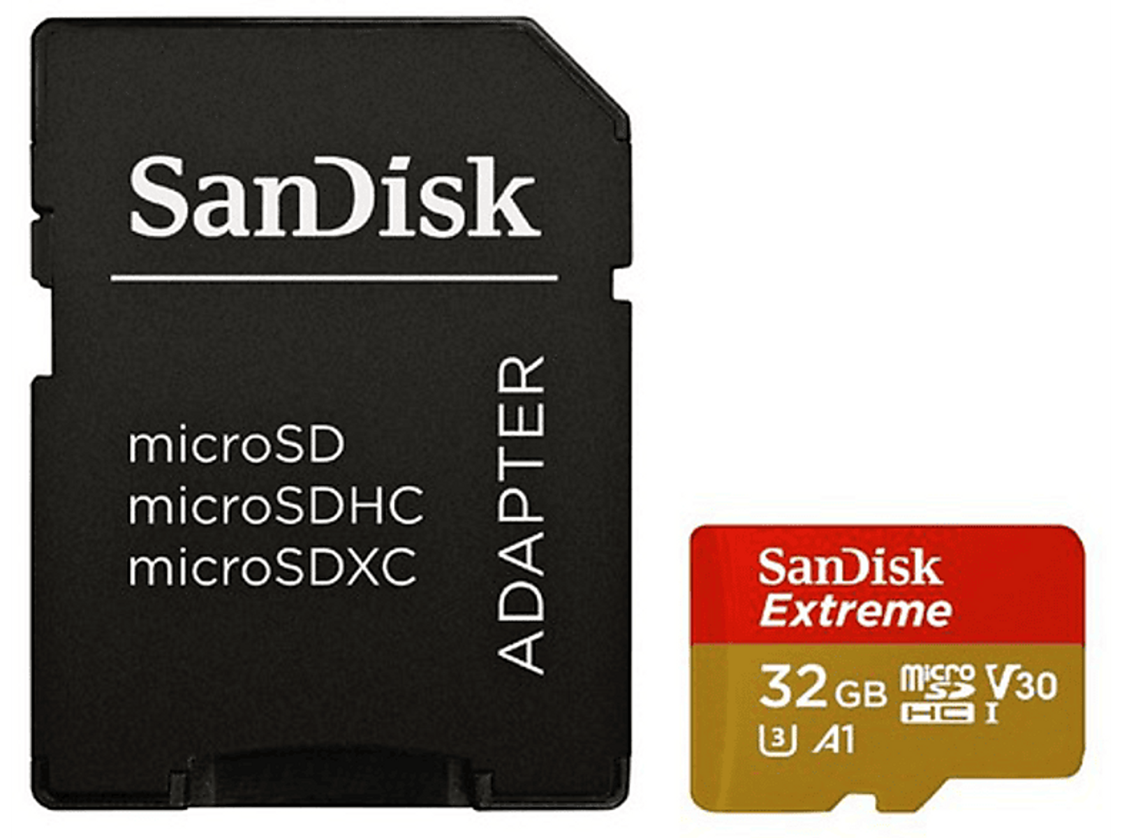 Un adattatore per schede SD nero e una scheda micro SD rossa e oro con il logo Sandisk Extreme.