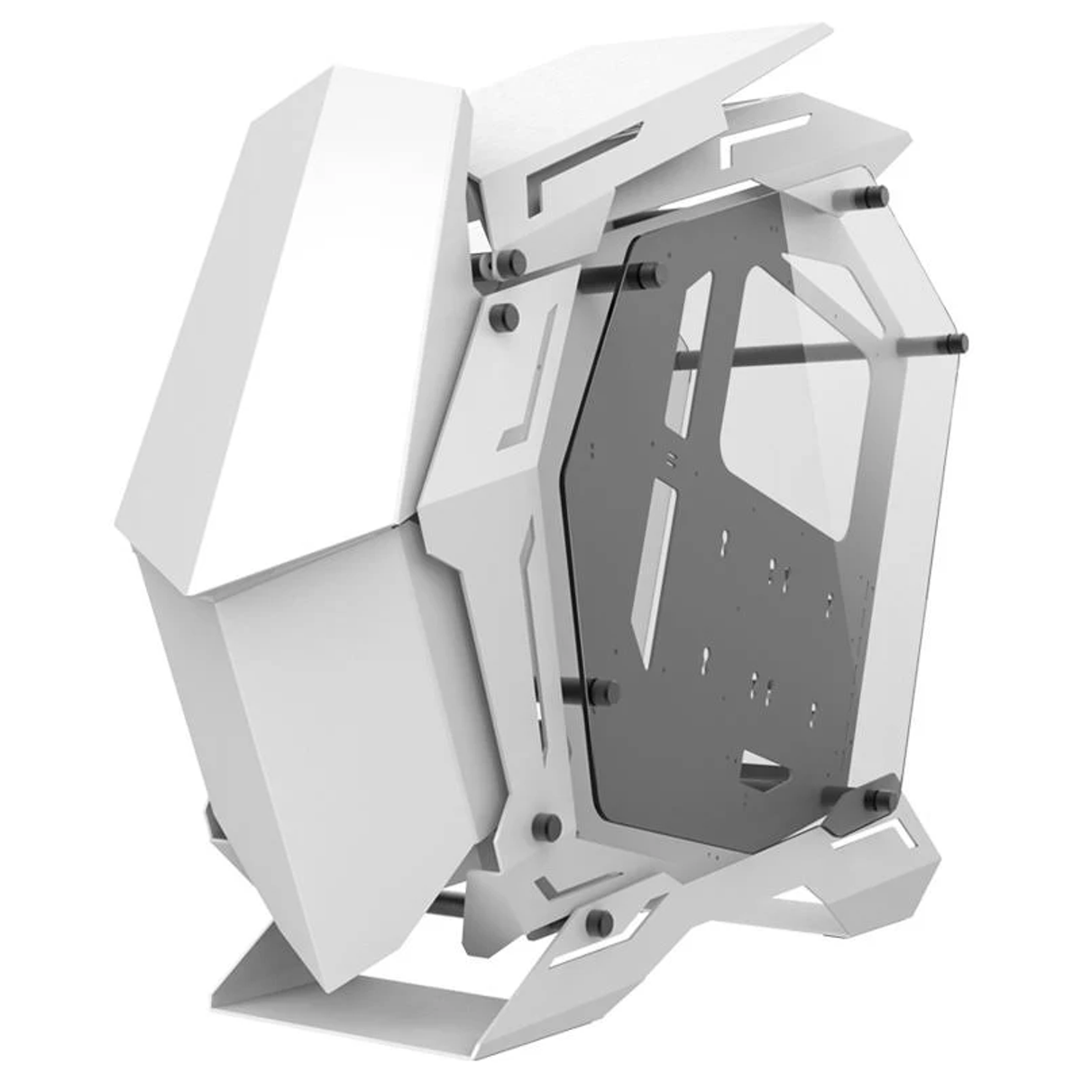 Ein futuristisch aussehendes weißes Computergehäuse mit transparentem Seitenteil. Es hat scharfe Winkel und ein einzigartiges Design.