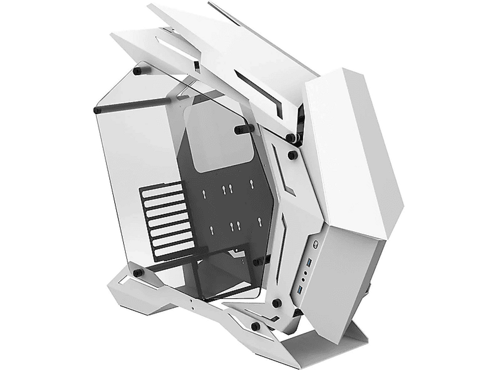 Weiß-schwarzes Computergehäuse mit Glasseitenwand, abgewinkeltem Design und offenem Innenraum.