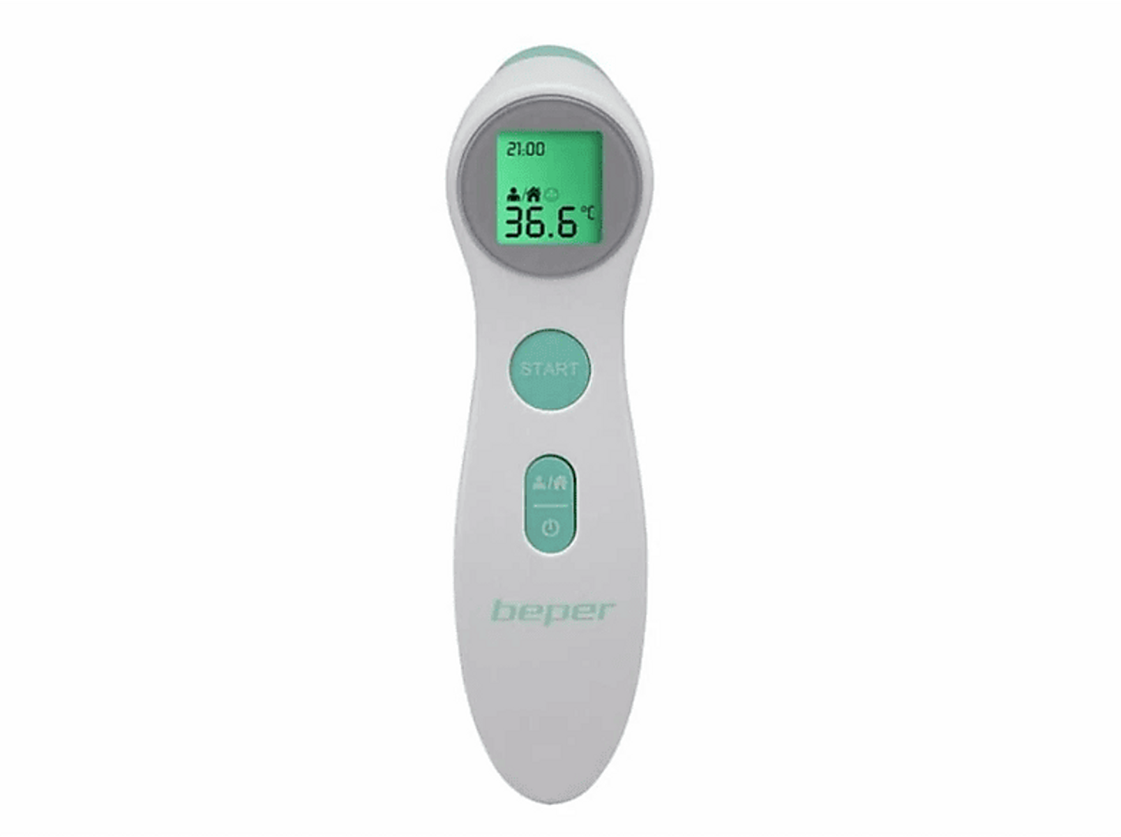 Termometro bianco e verde. Lo schermo digitale mostra la temperatura.