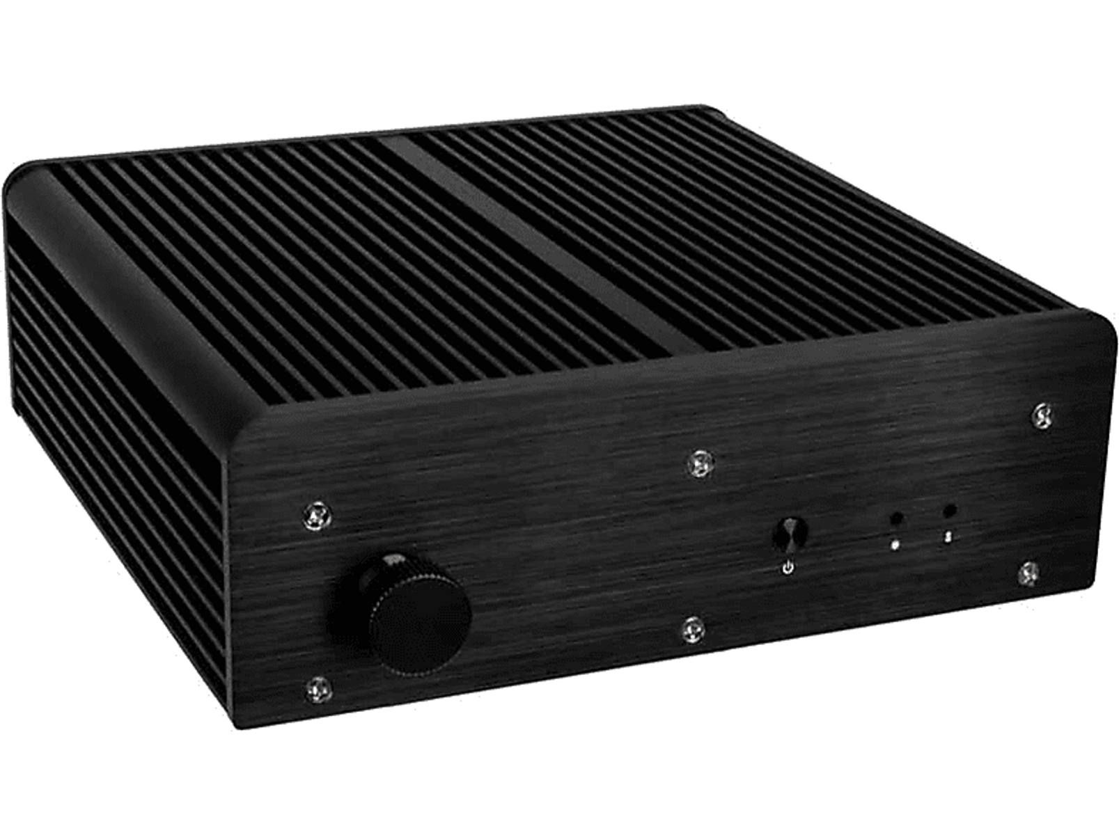 Schwarzer Audioverstärker mit Knopf und Power-Taste. Er hat ein Metall-Lamellendesign.