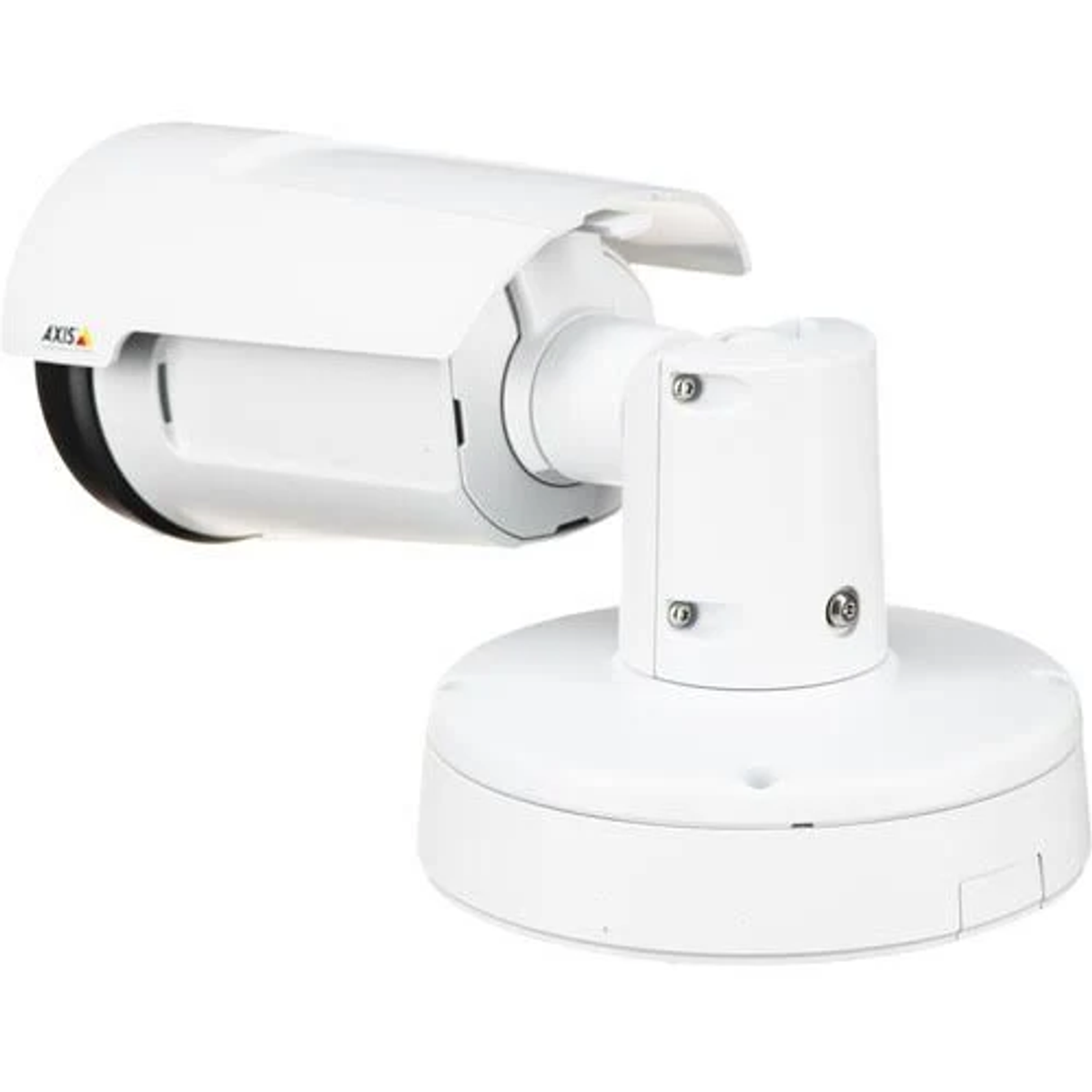 Biała kamera bezpieczeństwa na białej podstawie. Posiada osłonę ochronną i markę Axis.