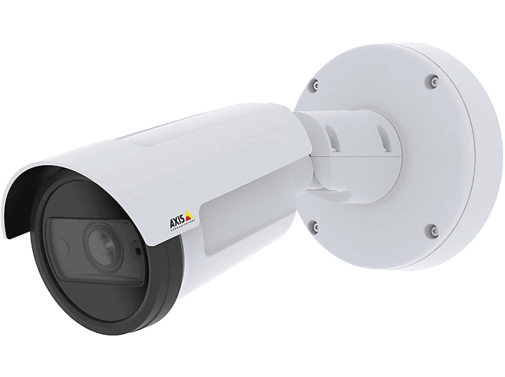 Biała kamera bezpieczeństwa z czarnym obiektywem i białą okrągłą podstawą, Axis Communications.