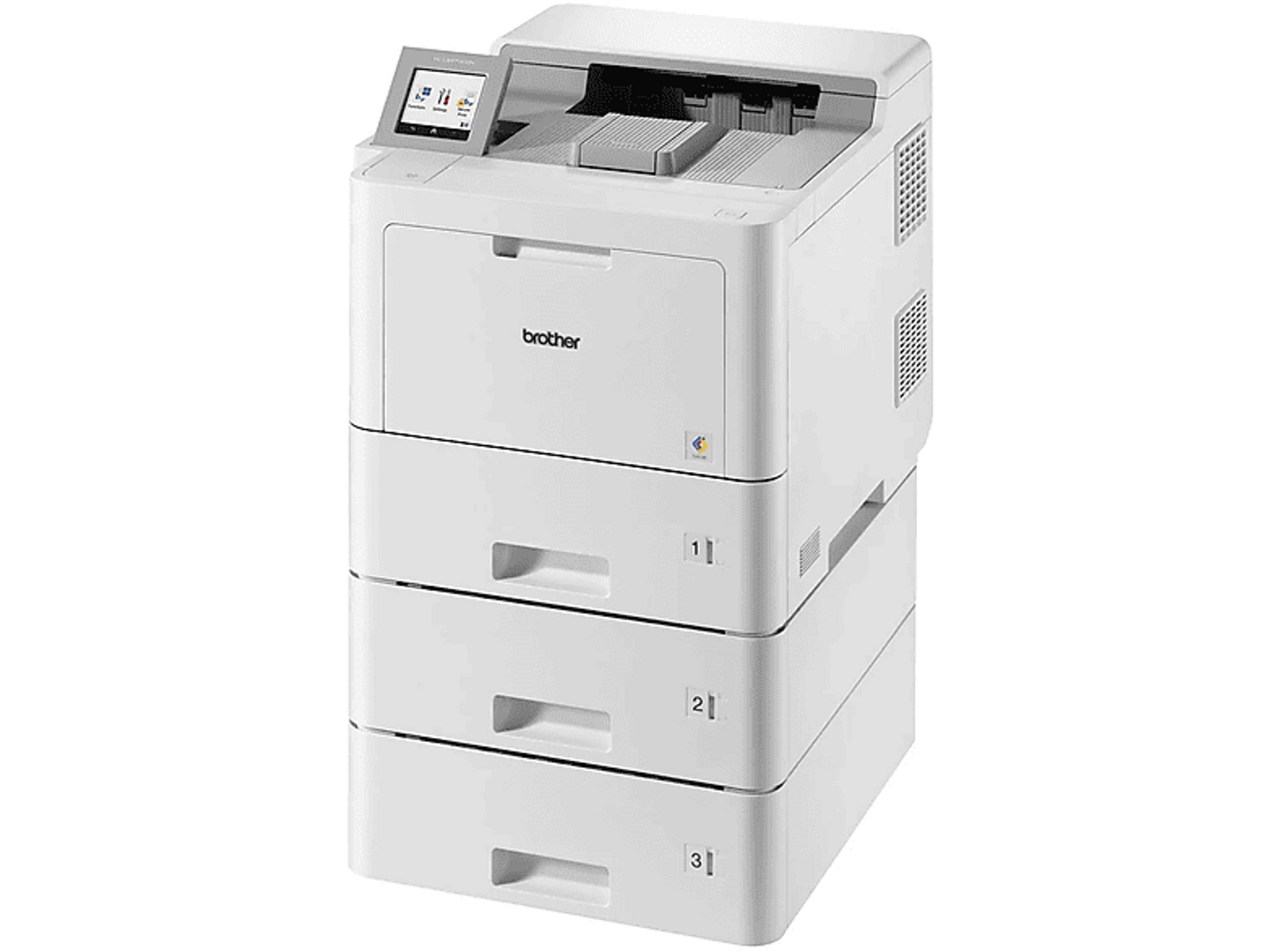 Biała drukarka Brother z trzema podajnikami papieru, ekranem dotykowym i logo Brother.