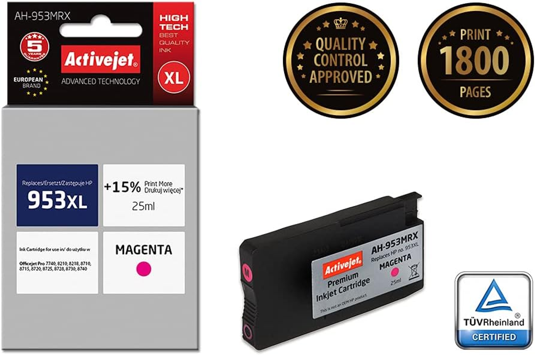 Pudełko i wkład z tuszem magenta. Etykiety pokazują markę, typ i specyfikacje.