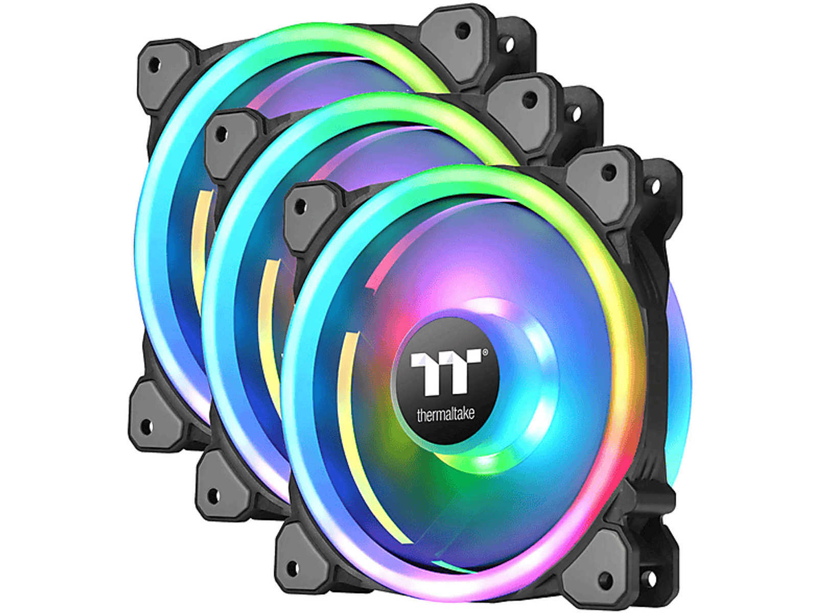Trzy wentylatory RGB z kolorowymi światłami, czarnymi ramkami i logo Thermaltake.