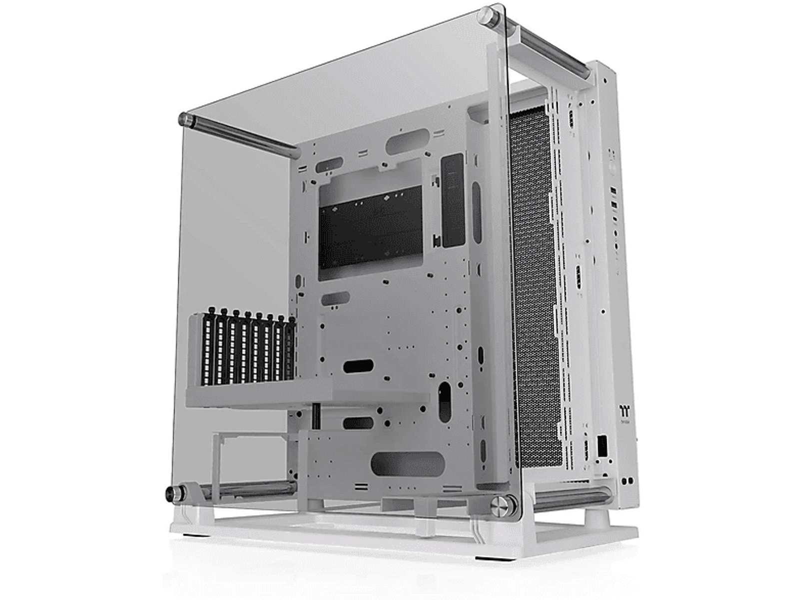 Przezroczysta obudowa PC ze szklanymi panelami, biała rama. Wnętrze widoczne. Widoki z boku i z przodu.