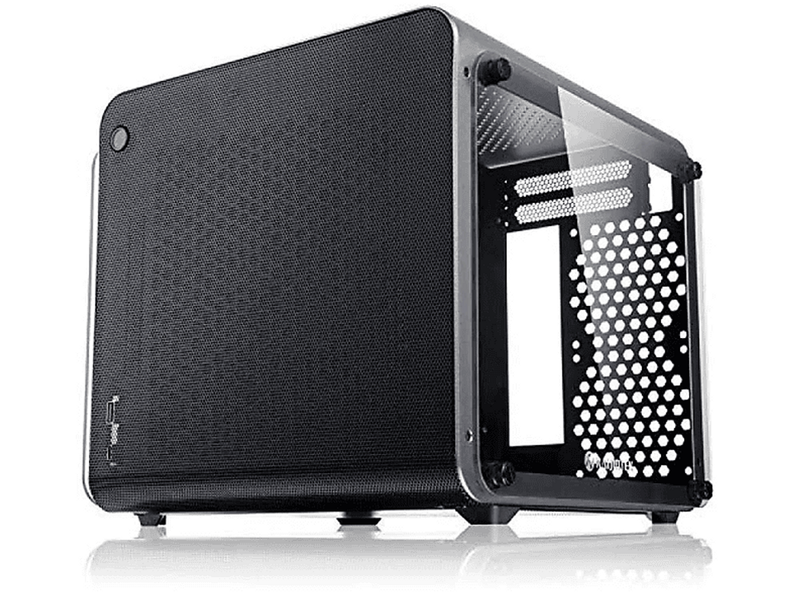Black computer case with a transparent side panel. Perforated side and top.