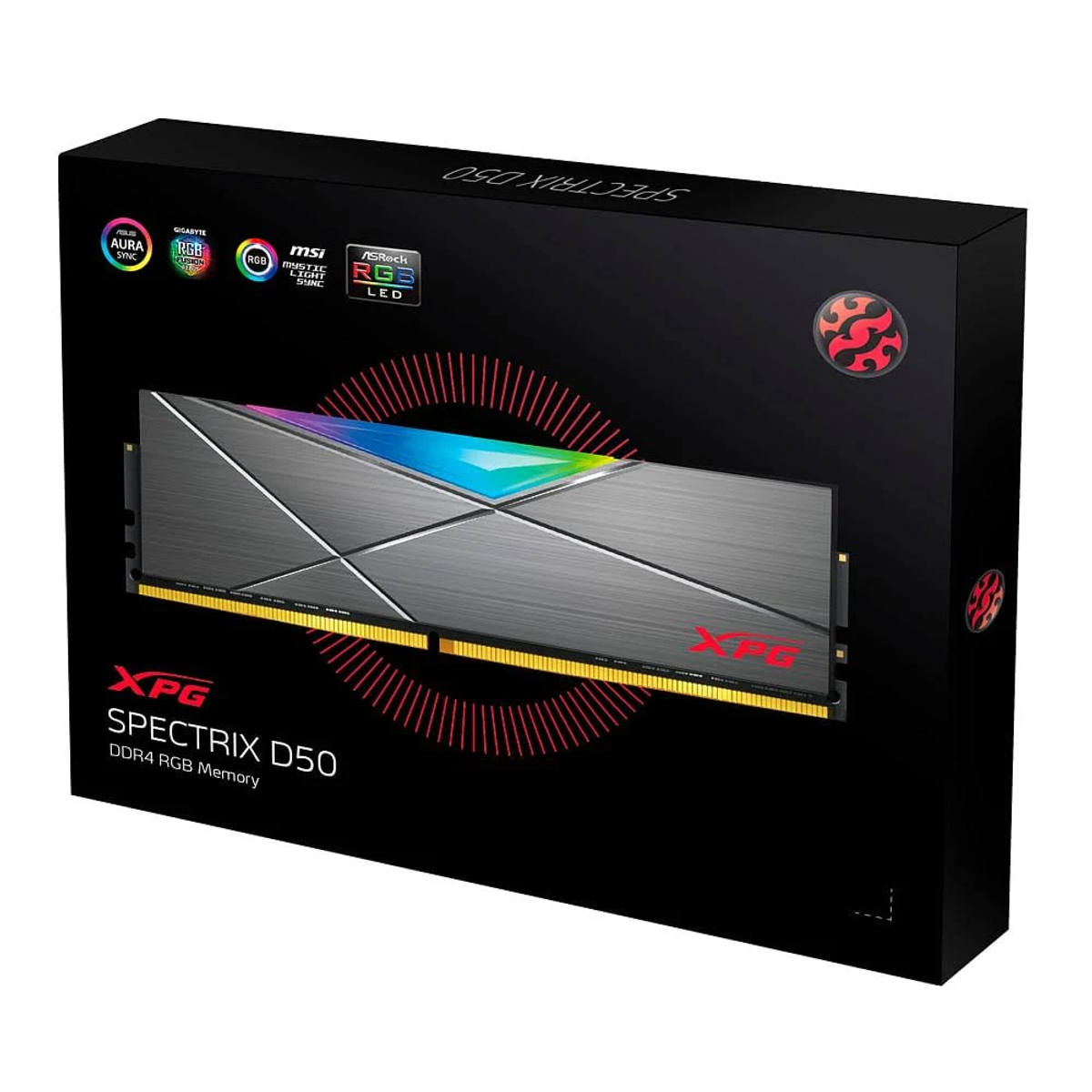 XPG Spectrix D50 DDR4 RGB-Speichermodul in einer Box. Es hat einen silbernen Kühlkörper und RGB-Beleuchtung.