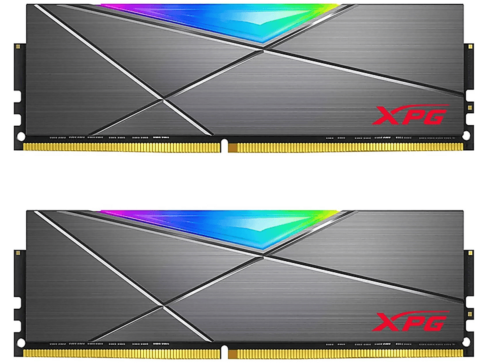 Zwei RAM-Riegel mit grauem Metall-Finish, farbwechselnder LED-Leiste und rotem XPG-Logo.