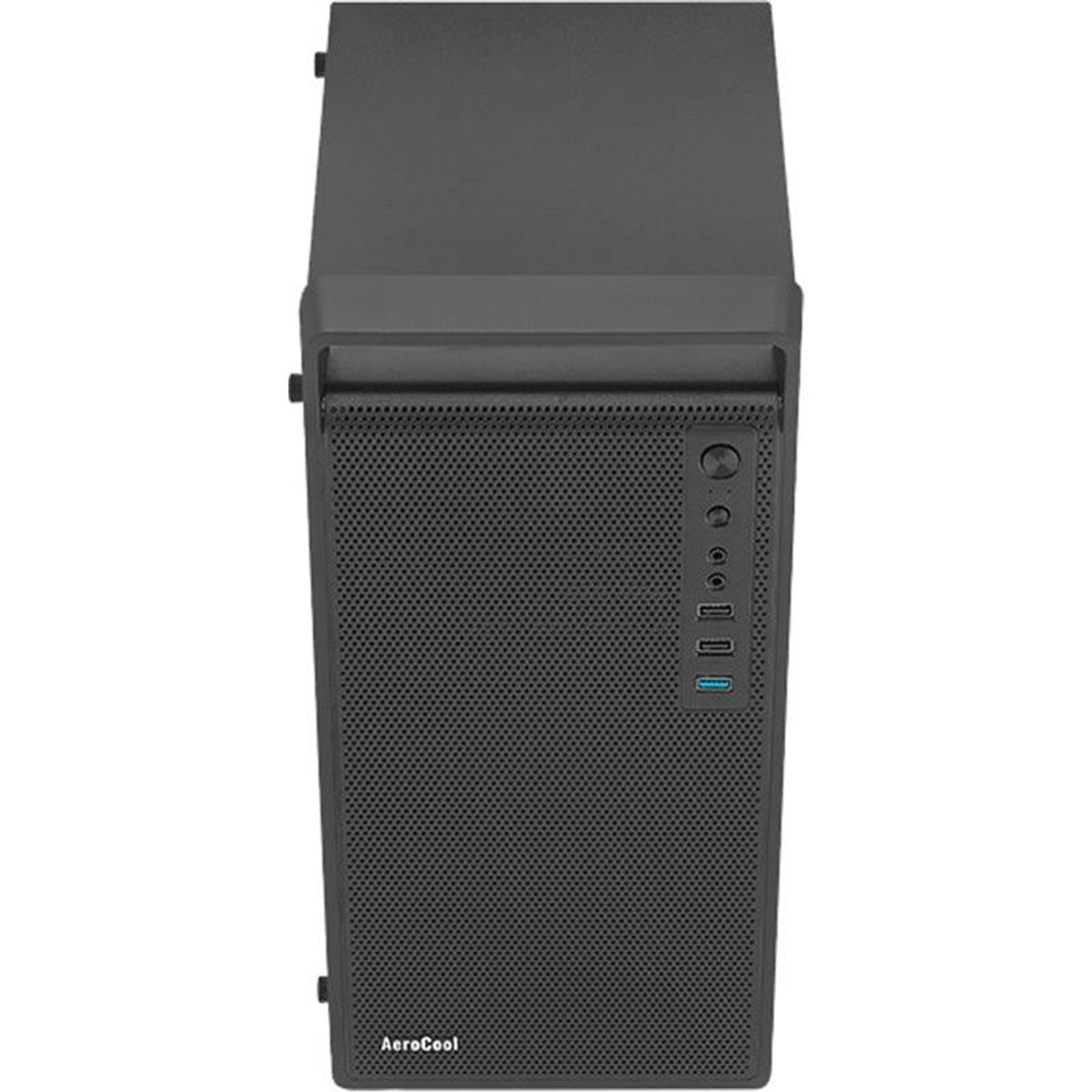 Czarna obudowa komputera z siatkowym przodem i otwartą górą. Ma porty zasilania i USB na panelu przednim.