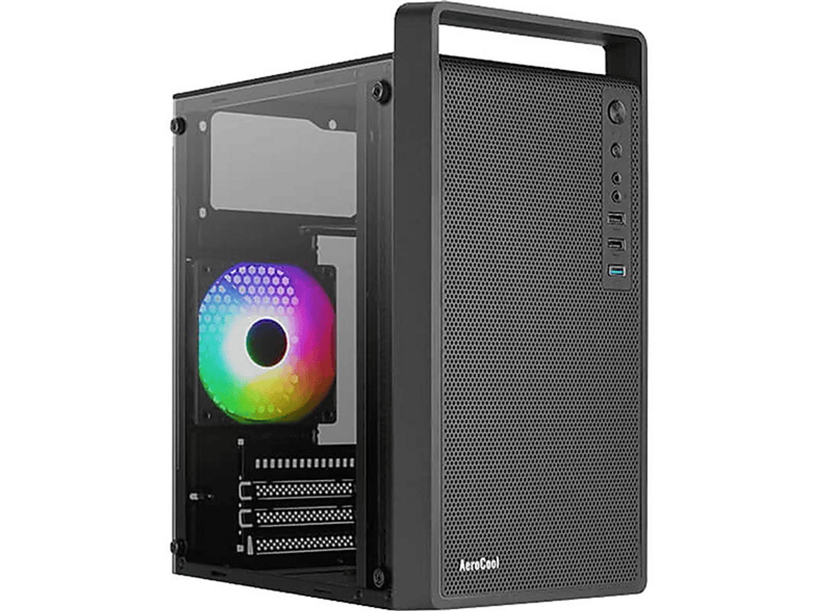 Czarna obudowa komputera z uchwytem i szklanym panelem bocznym. W środku znajduje się kolorowy wentylator.