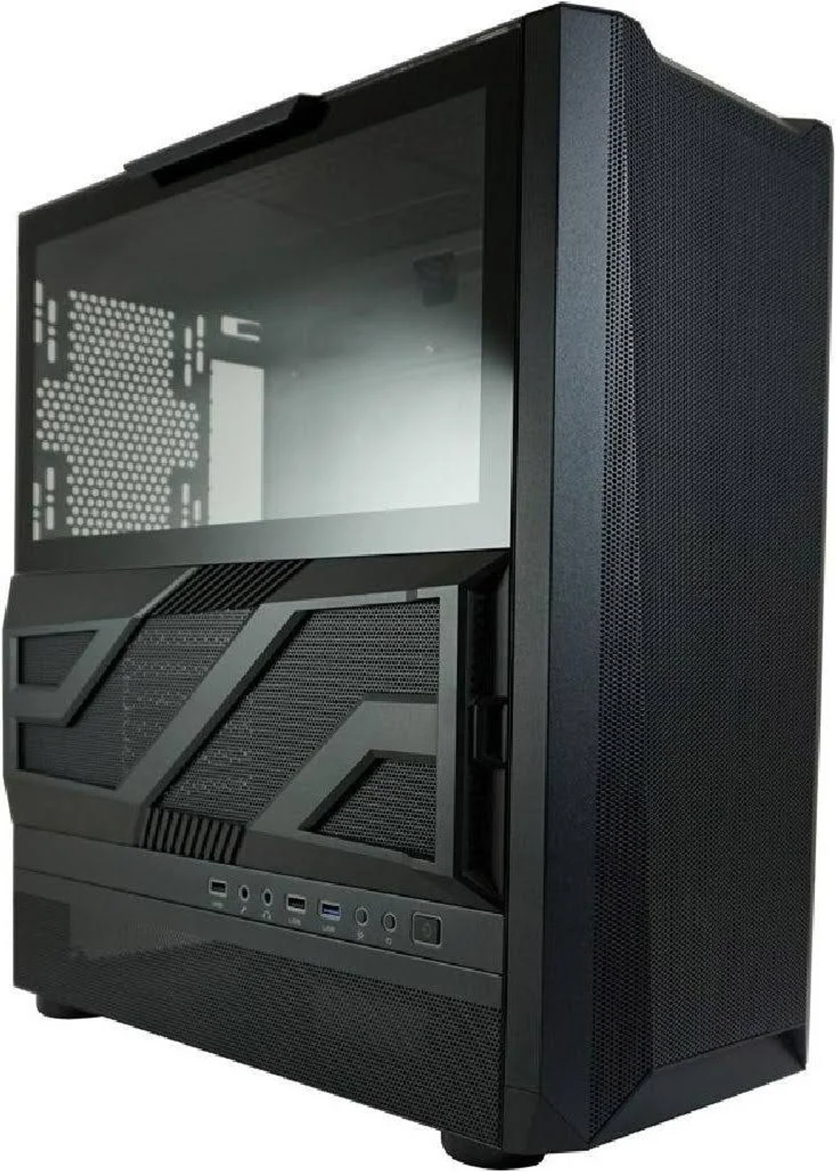 Case per computer nero con lato in vetro e pannello frontale in rete.