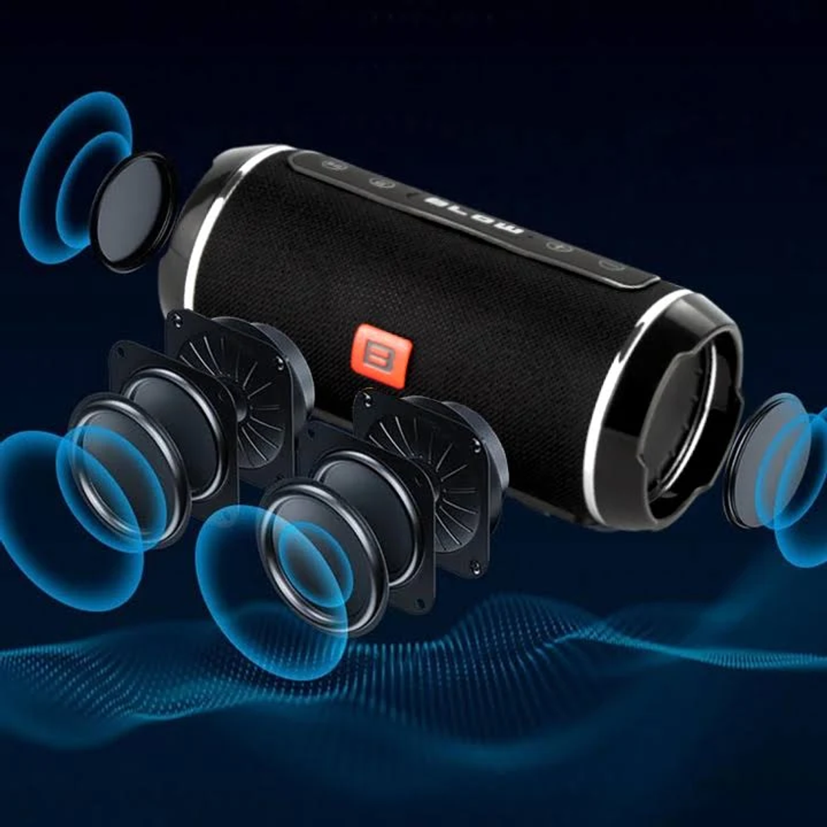 Czarny głośnik przenośny z wieloma głośnikami i niebieskimi falami dźwiękowymi.
