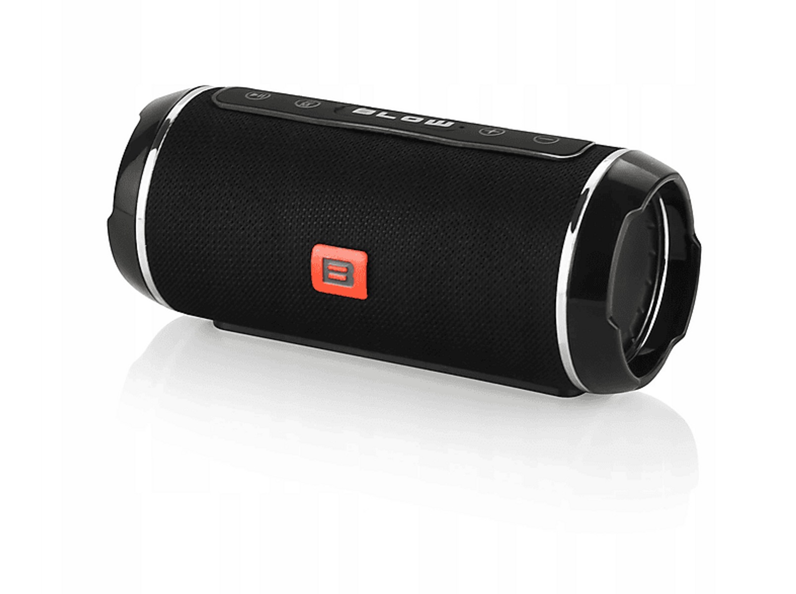 Czarny głośnik przenośny ze srebrnymi akcentami i logo 'BLOW' na białym tle.