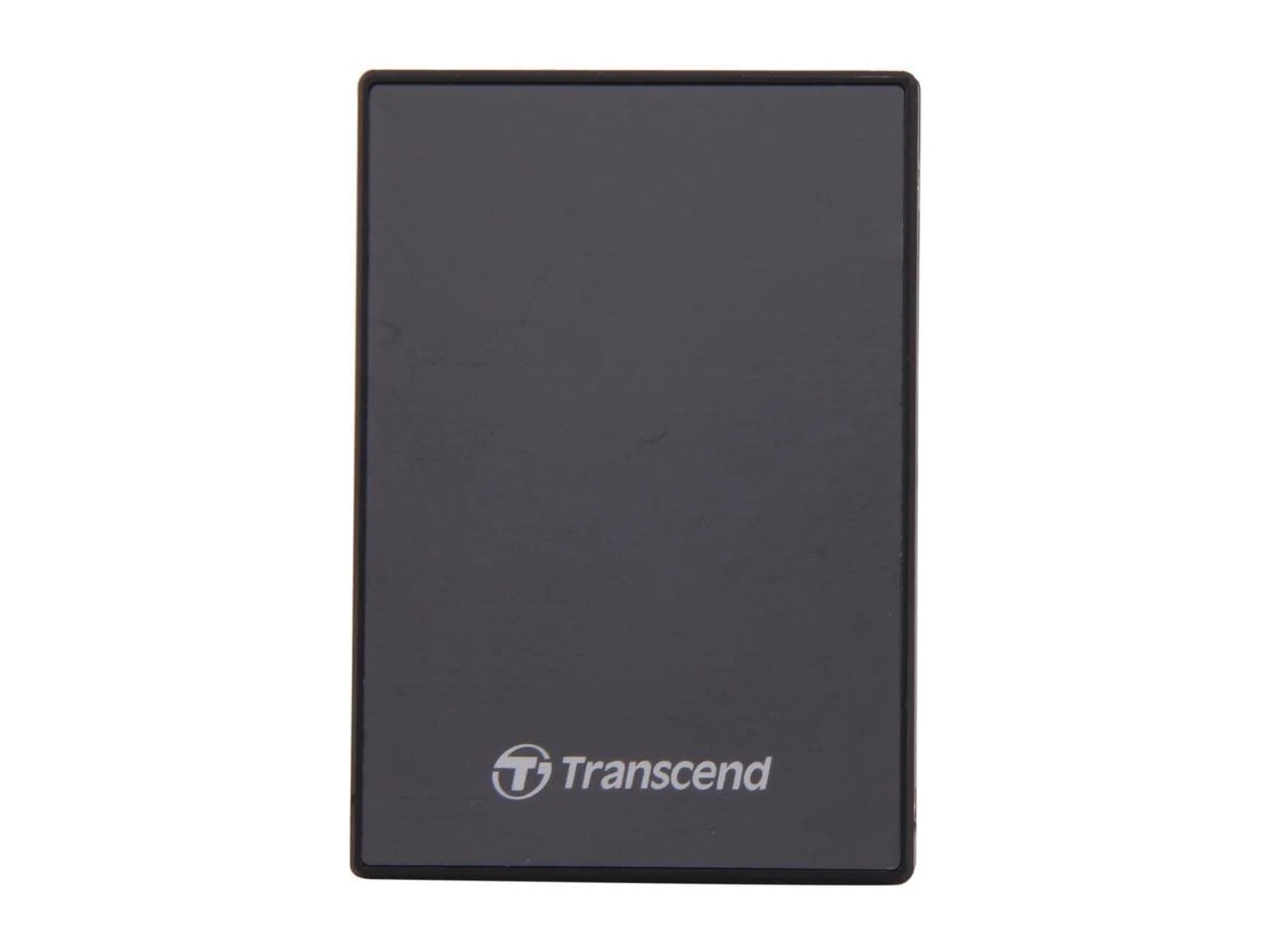 Czarny dysk SSD z nazwą marki 'Transcend' z przodu.