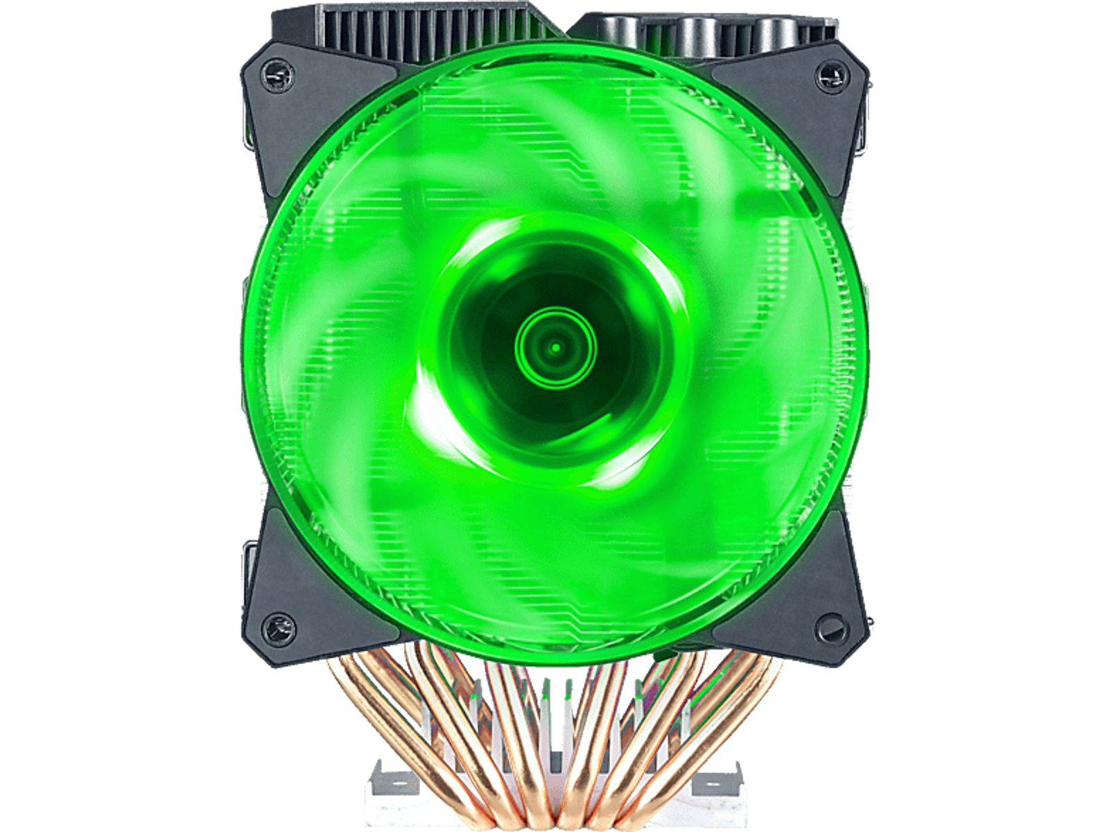 Black computer CPU cooler with a green illuminated fan.