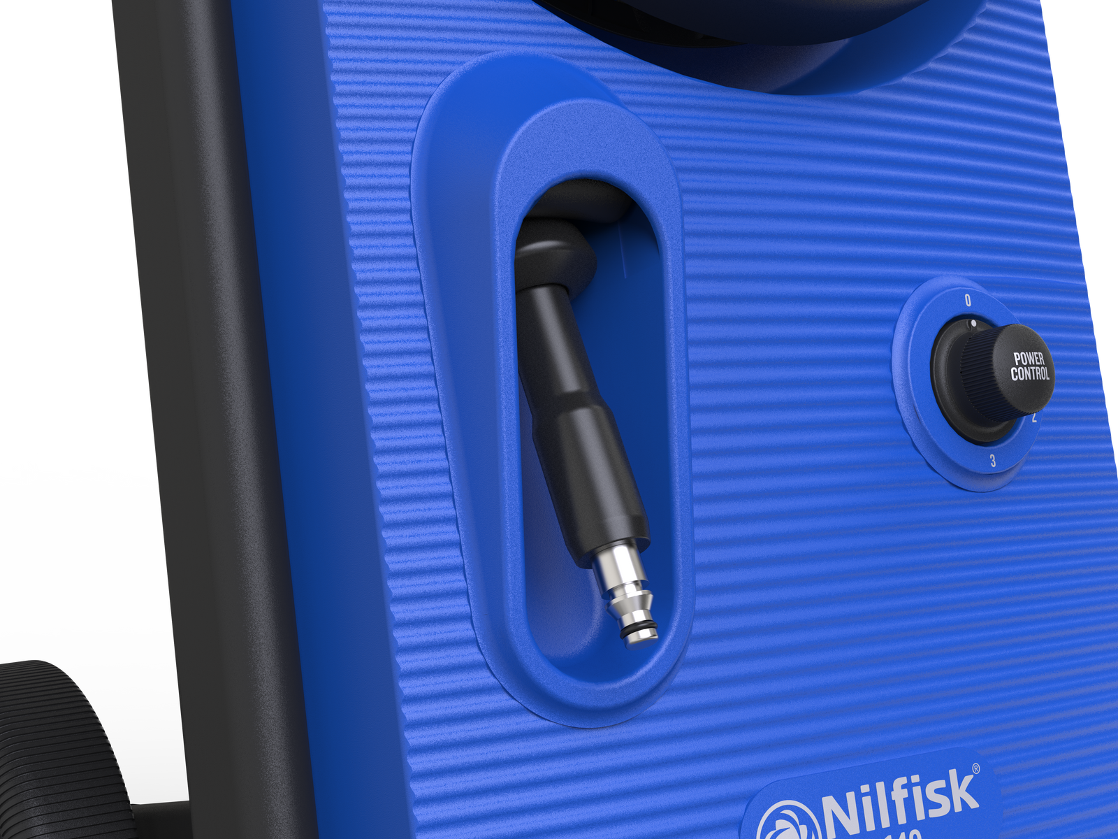 Niebieski detal myjki ciśnieniowej z dyszą i pokrętłem regulacji mocy.